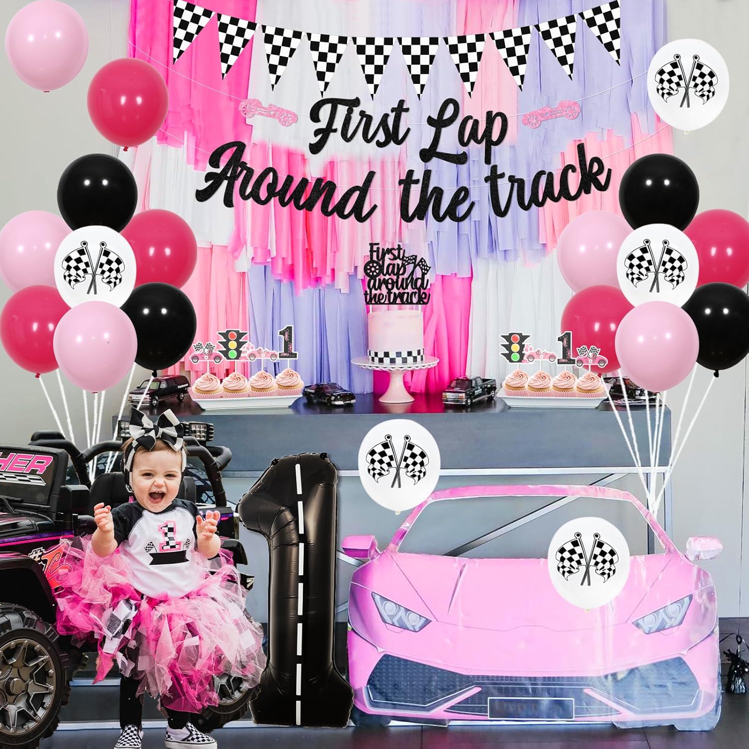 JOYMEMO Pink Race Car 1st Birthday Party Decorations Girl - First Lap Around The Track Banner Cake Topper, Cupcake Toppers, Checkered Flag Garland, Number 1 Balloons for Let’s Go Racing Party
