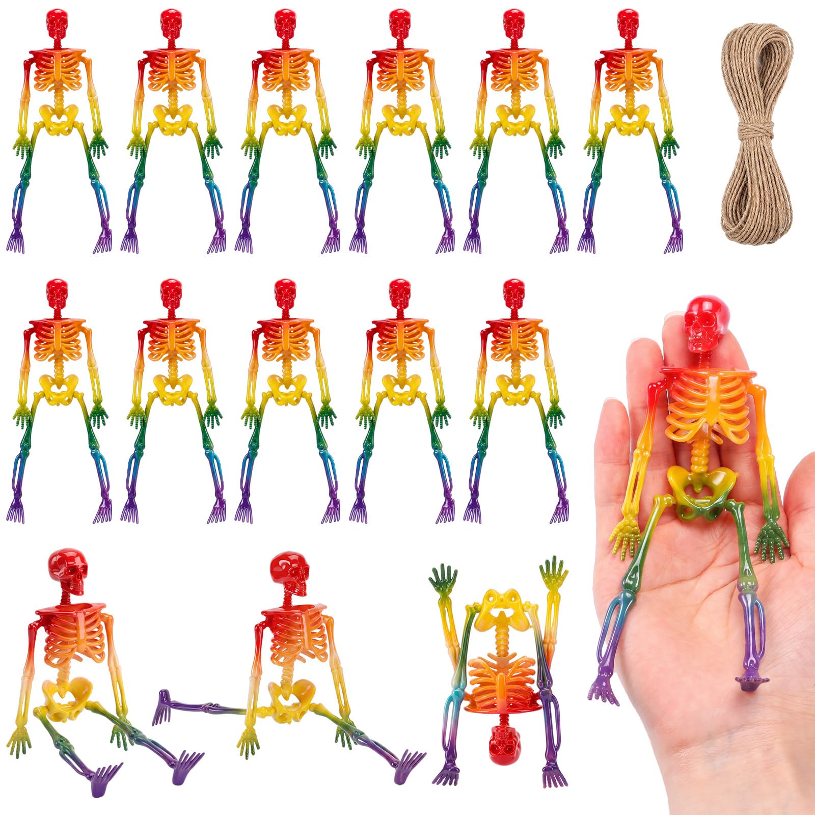 Geelin 18 mini figuras de esqueleto de Halloween con cordel de yute de 6 pulgadas, decoración de esqueleto de plástico pequeño degradado de arco iris para manualidades de Halloween, accesorios de casa