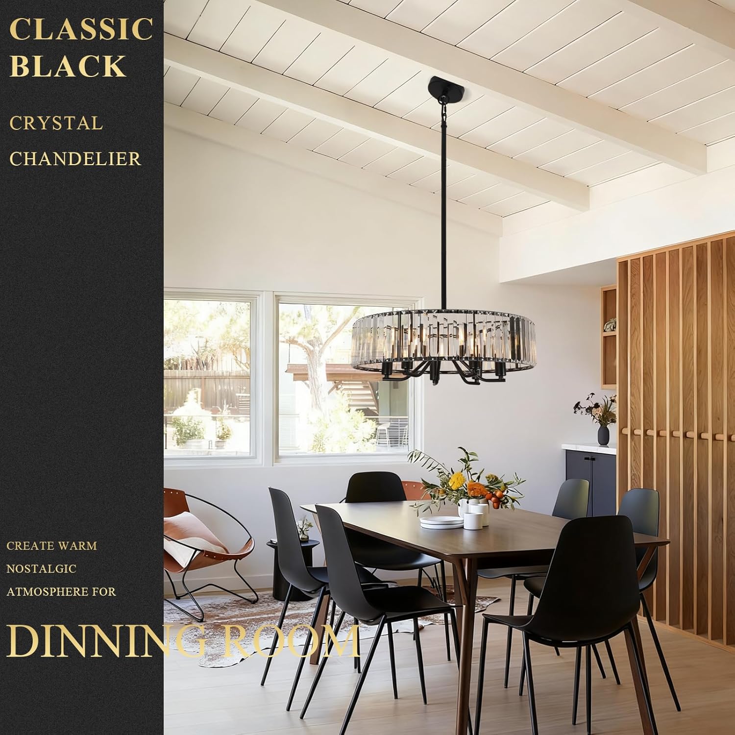 Black Crystal Chandelier for Dining Room, 6-Light Modern Semi Flush Mount Chandelier Lighting Fixtures,Round Kitchen Hanging Drum Pendant Lights Ceiling for Bedroom Entryway Foyer, E12 Base, 19.7Inch
