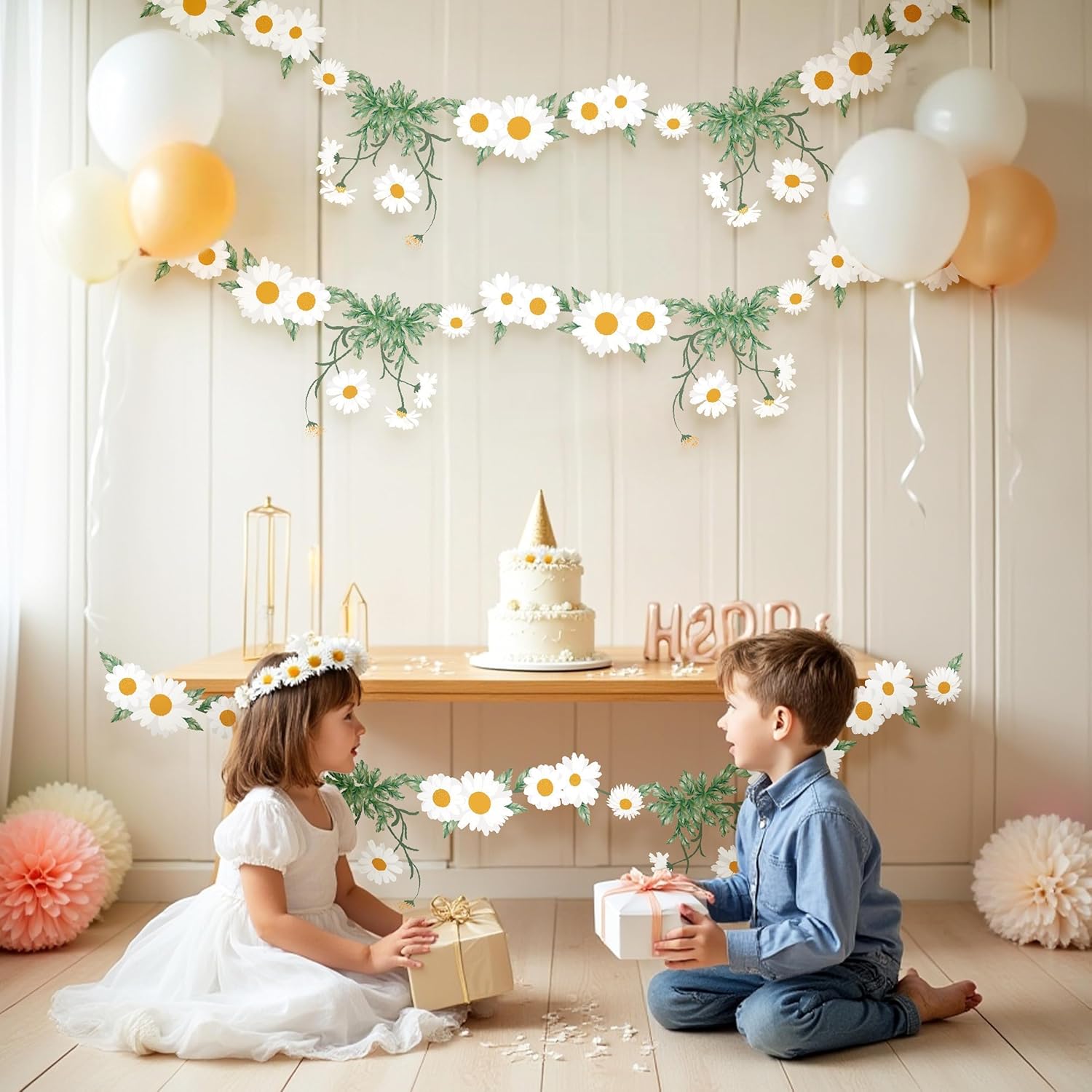 Cheerland Groovy Daisy Party Decorations Hippie Flower Banner Spring Garland Floral White Hanging Flowers for Boho Birthday Bridal Baby Shower Garden Girl Woodland Wedding Retro Tea Party Supplies - Image 5