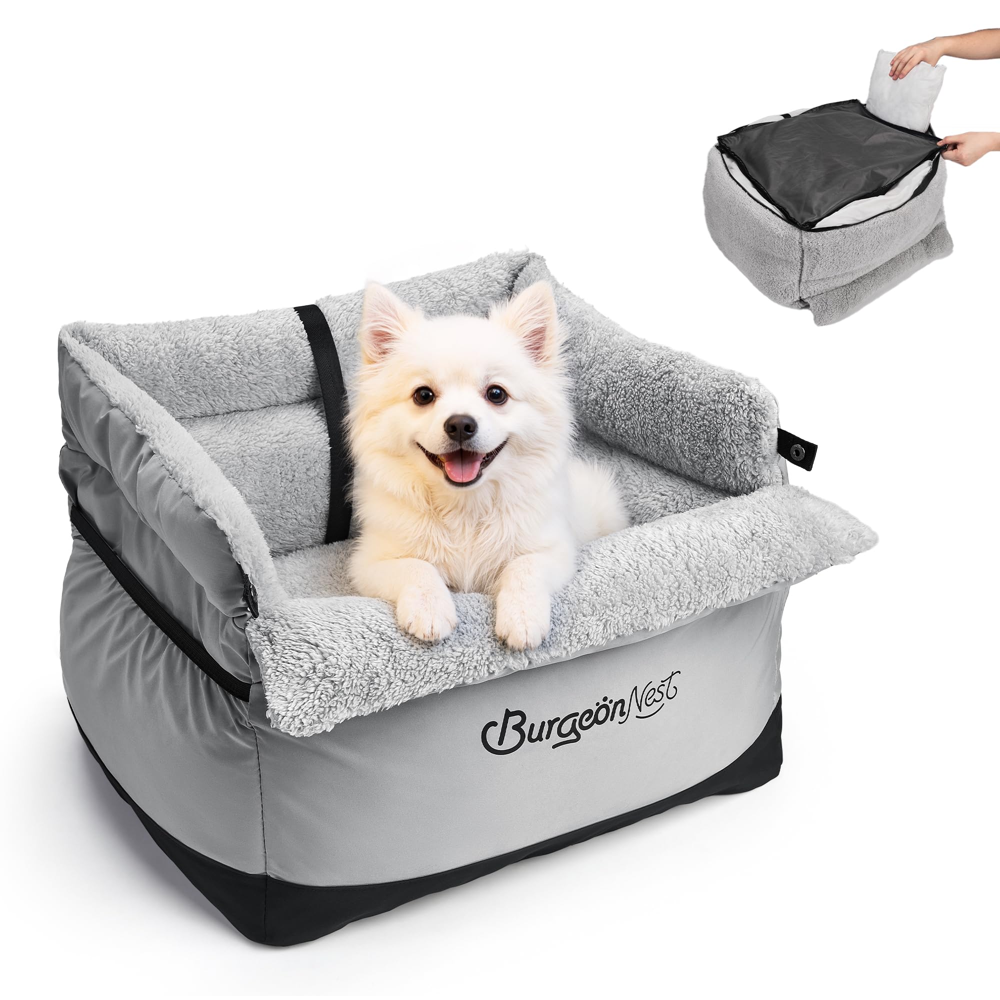 BurgeonNest Dog Car Seat for Small Dogs Under 25 lbs – Fully Detachable & Washable Pet Booster Seat with Safety Leash, Storage Pockets & Reversible Cushion, Portable Car Travel Carrier Bed, Grey