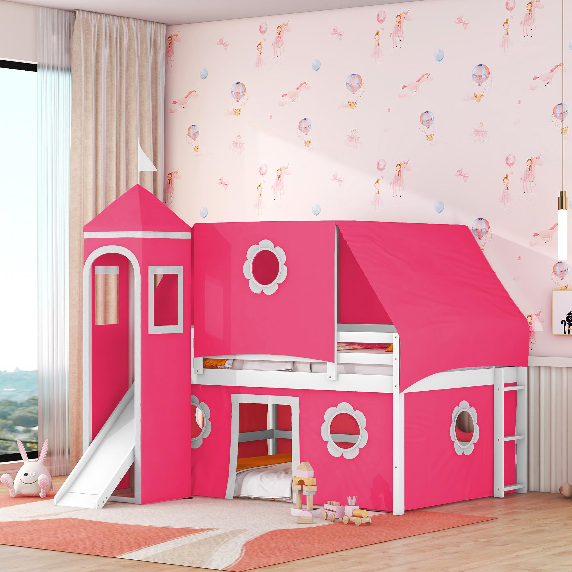 Polibi Full Size Castle Loft Bed with Slide and Pink Tent