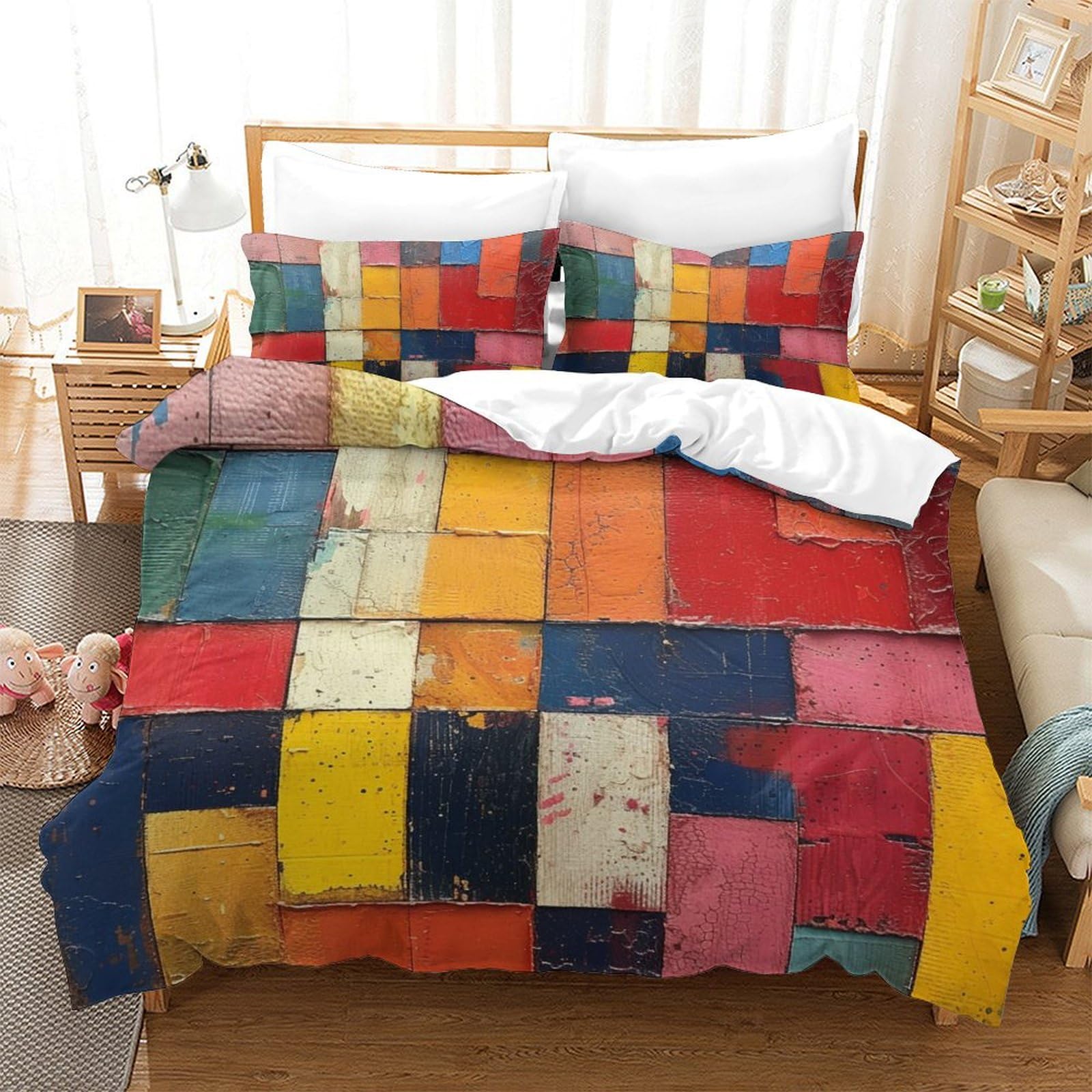 Parure de couette respirante 3D blocs colorés microfibre super douce King 220x240