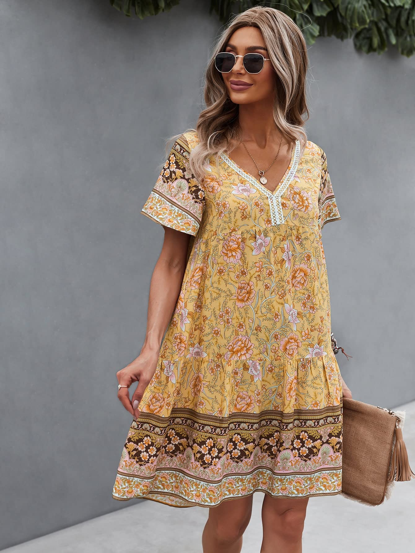 Amazon.com: Neeno Women's Dresses Contrast Lace Floral Smock Dress Dress  for Women (Color : Yellow, Size : Large) : Clothing, Shoes & Jewelry