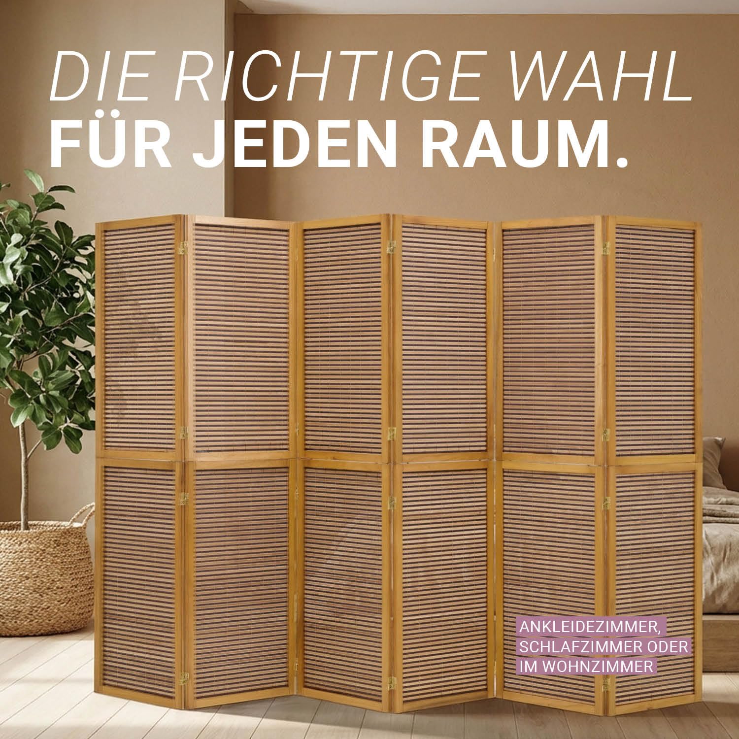 Homestyle4u Paravent Raumteiler 6 teilig Holz Braun Bambus Trennwand Sichtschutz faltbar