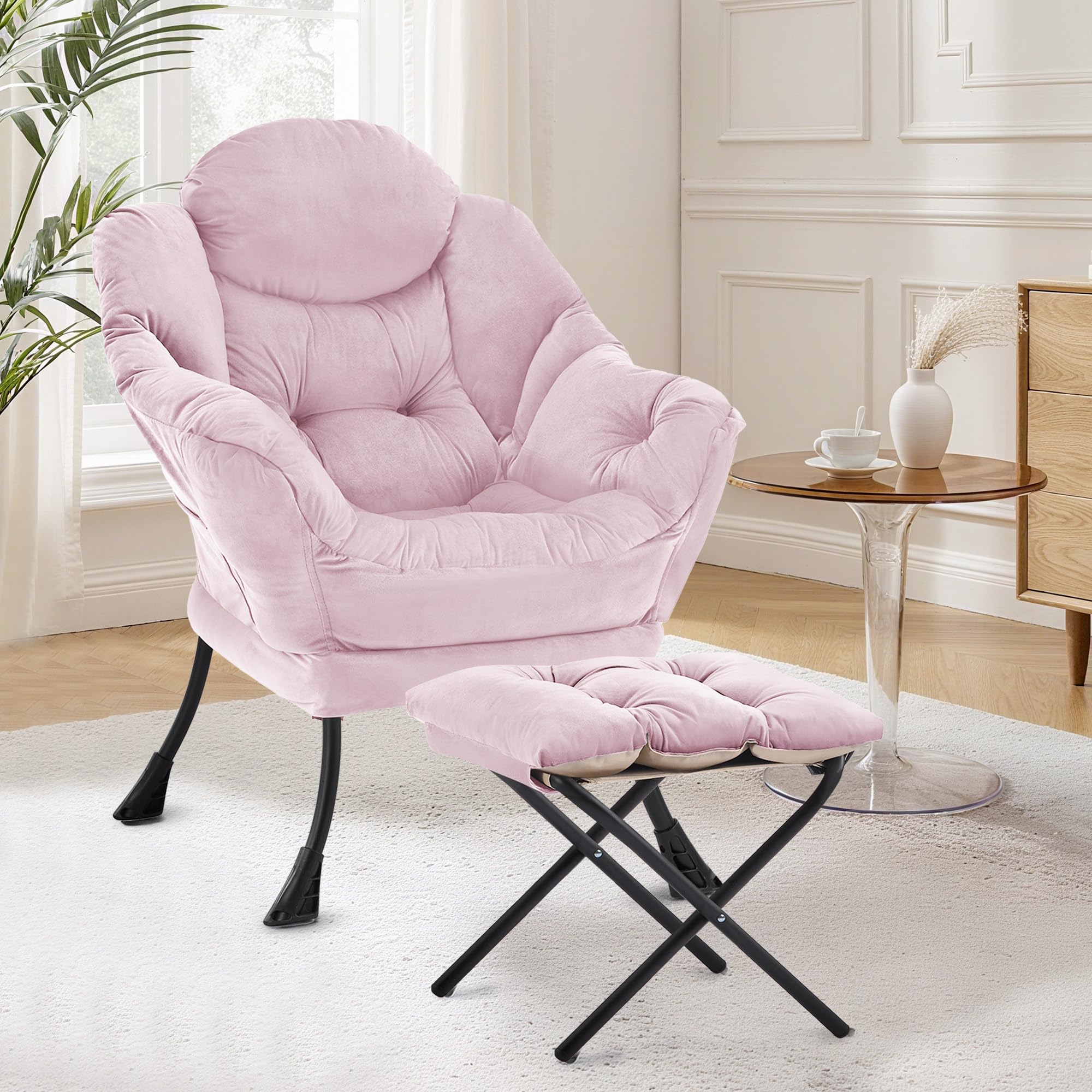 XH.Easy Go Lazy Chair mit Ottomane, Sessel Wohnzimmer Ohrensessel mit Hocker, Lesesessel Bequem Armchair Lounge Sessel mit Fußhocker, Relaxstuhl Relaxsessel mit Fußstütze, Seitentasche, Rosa Küche, Haushalt & Wohnen