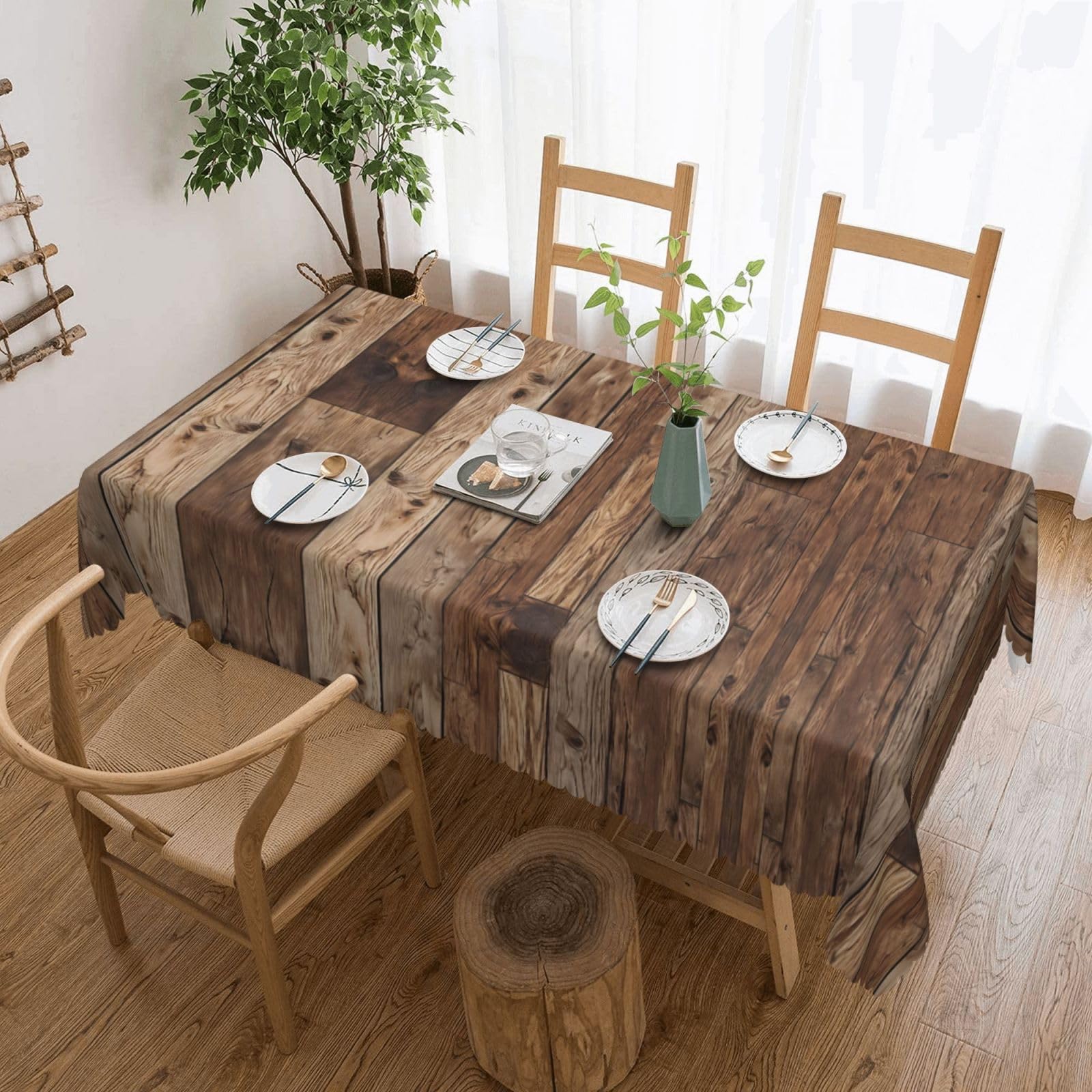 AUGUSTRUSH Rectangle Tablecloth 72x54 Inch, Brown Wood Tablecloths, Water-Resistant Polyester Table Cover, Spill-Proof Wrinkle-Free Washable Dining Table Linen For Wedding, Party, Picnic