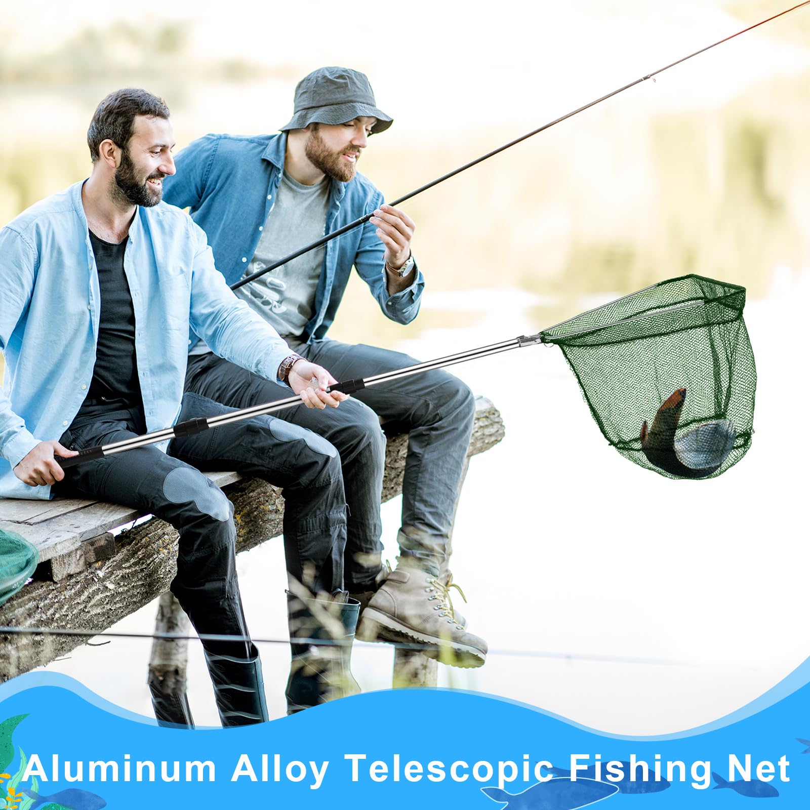 Hollowfly 2 cestas de alambre de acero y red de aterrizaje de pesca con extensión de poste telescópico de aluminio, incluye 1 red de pesca portátil con asa, 1 cesta de pesca plegable de alambre para