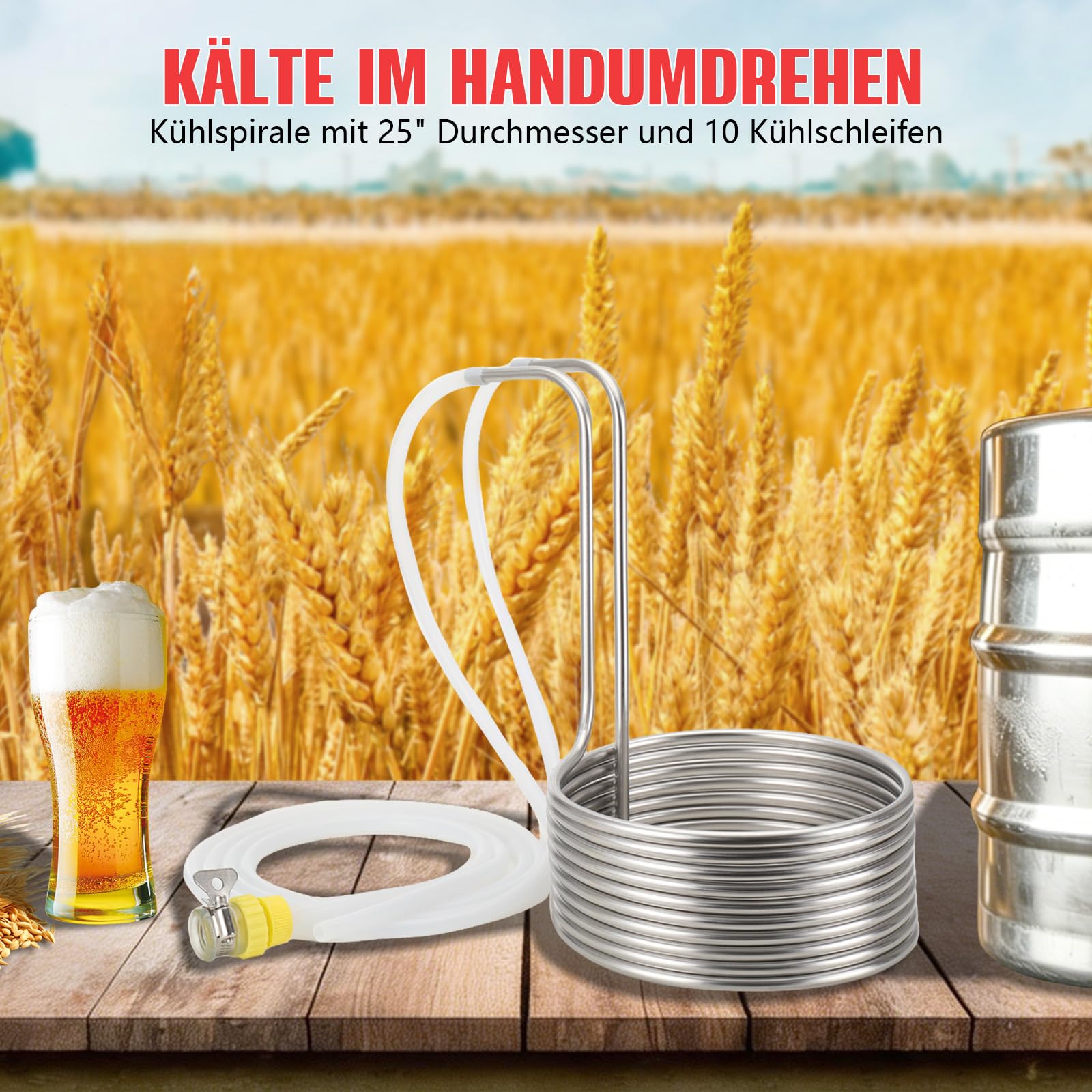 Kühlspirale Eintauchkühler Kühlschlange Ø23cm, Edelstahl Maischekühler Kühlspirale zur Kühlung von Bier, Kühlrohr Würzekühler Maischekühler mit 2* Silikonschläuche, 2* Verbindungsstücke