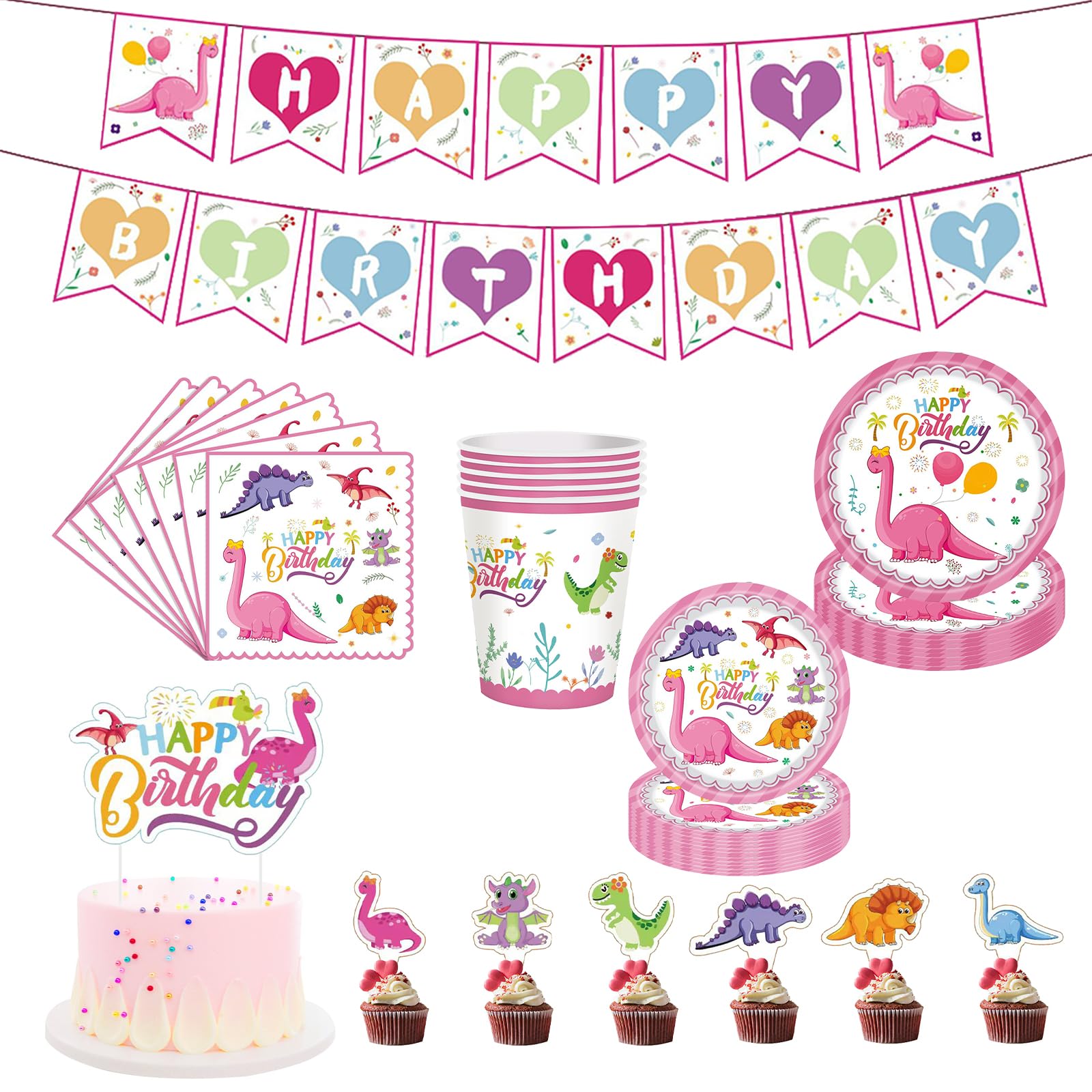 Pink Dinosaur Party Decorations Birthday Tableware Set, Boys Girls Kids Party Paper Plates Cups and Tissue Pink Dinosaur Flag Cupcake Cake Toppers for Baby Shower Wedding Birthday(Dinosaur Plate)