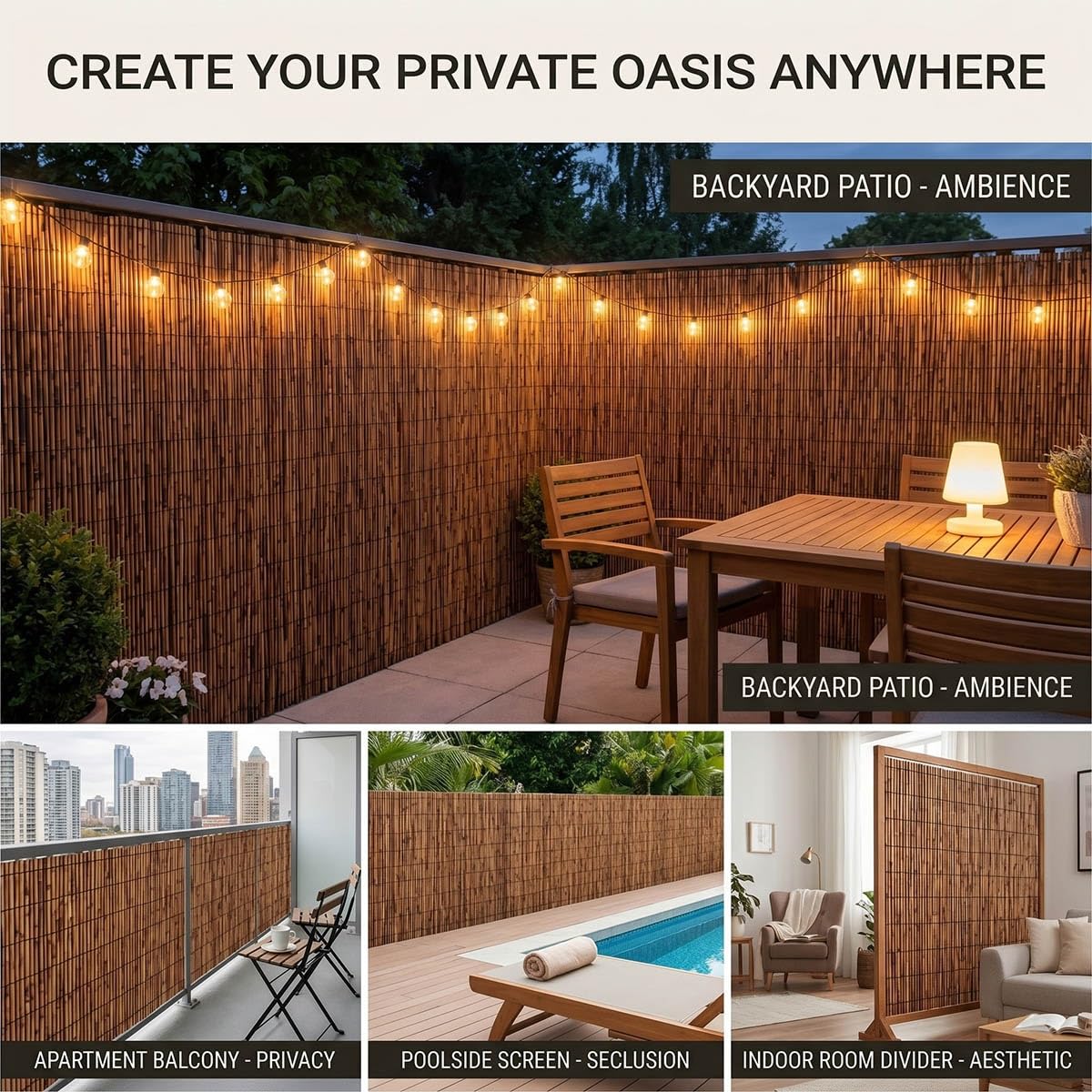 Cañizo Natural Trenzado Valla de Privacidad para Jardín Exterior Rollo de Caña Pantalla de Ocultación Protector Visual Decorativo para Piscina Patio Trasero Sombra Transpirable(Carbonizado,60x600cm)