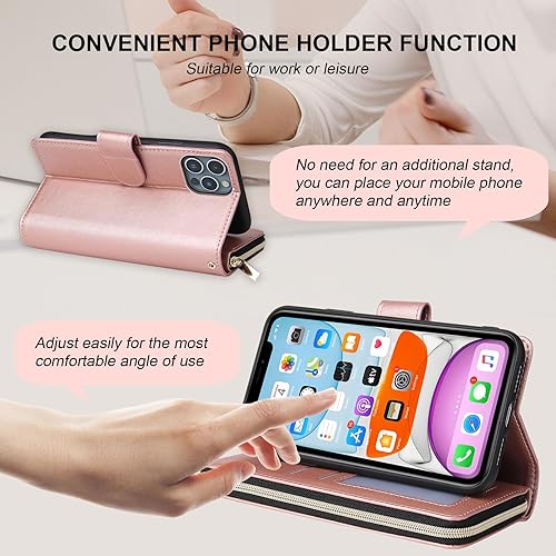 Miniatura 4 de ZCDAYE Funda tipo cartera para iPhone 11, cierre magnético, bolsillo con cremallera, de piel sintética, con 9 ranuras para tarjetas, función atril