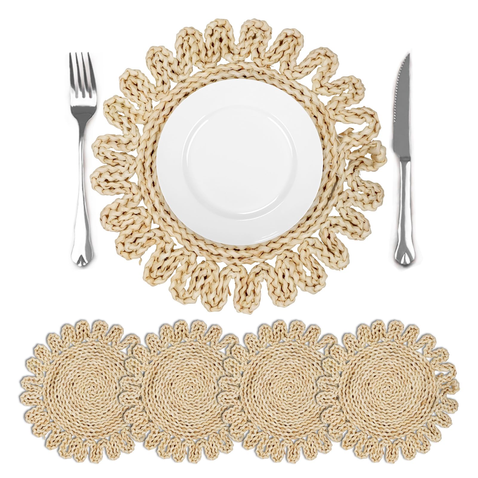 comfoyar Round Woven Placemats Set of 4, 30cm Non-Slip Natural Corn Straw Handmade Braided Place Mats