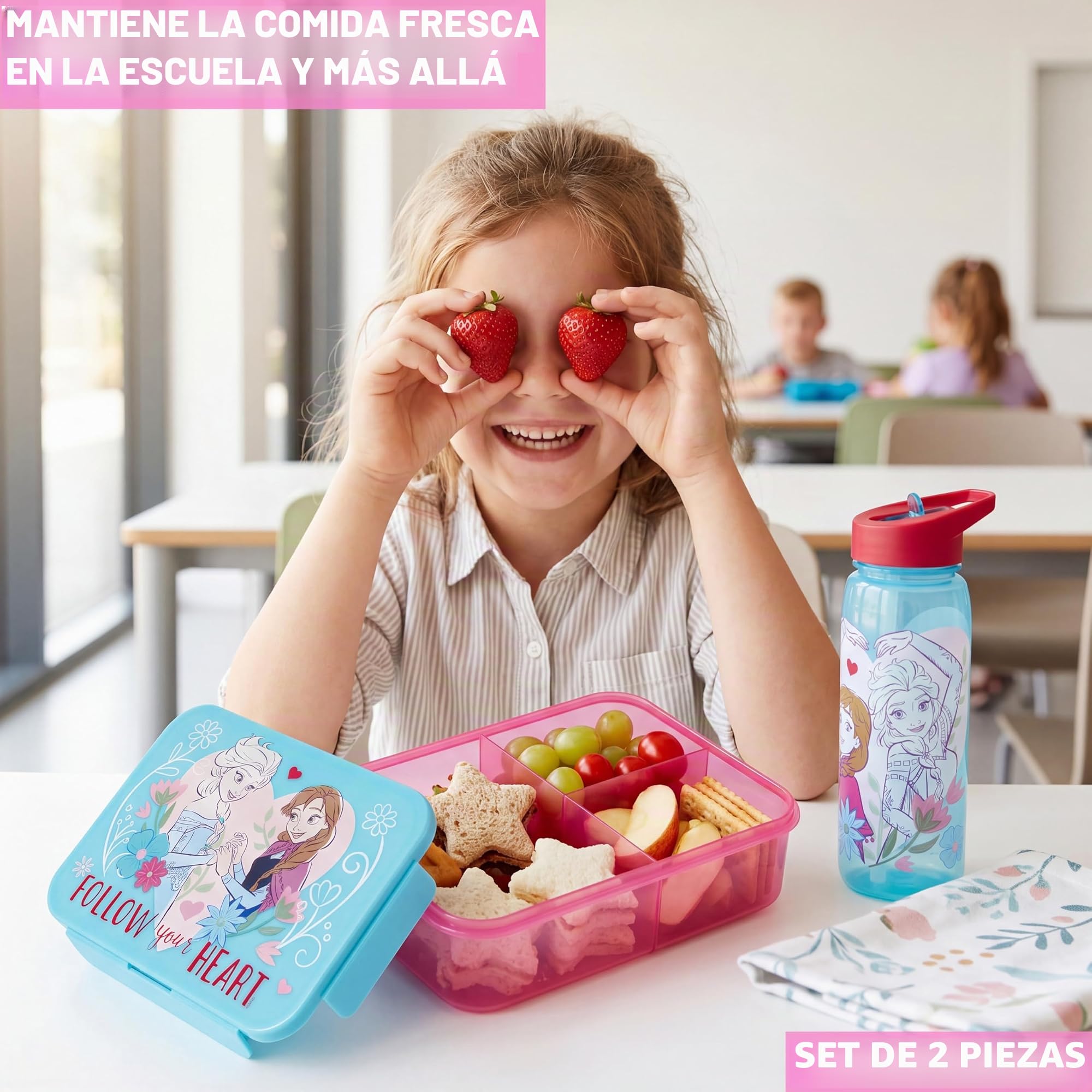 Get Trend Disney Frozen Fiambrera Niña y Botella 640 ml Set, Bento Box 1,75 L con Compartimentos, Apto Microondas y Lavavajillas, Sin BPA para Escuela y Ocio, Regalo Niña (Turquesa Frozen)