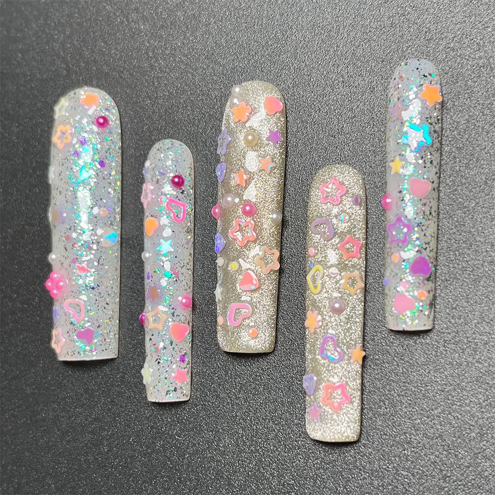 Glossy Glue Shiny Press on nails Kaleidoscopes Colorful Stars Charms Fake Nail Spark Cat Eye Nails XXL Long