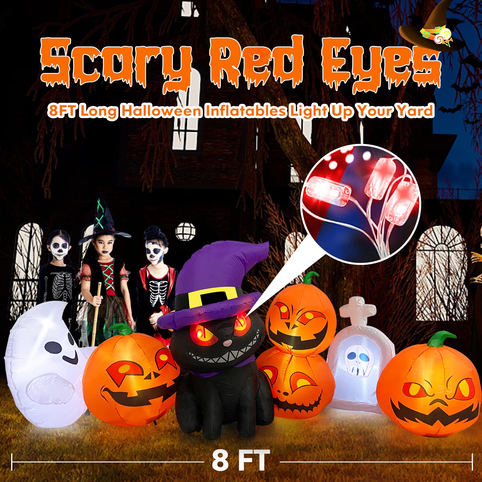 MICOCAH 8 FT Long Halloween Inflatables Outdoor Decorations - Blow Up Cat & Pumpkin Lanterns with Tombstone Ghost Halloween Yard Decorations, Built-in LED Lights DÃ©cor for Holiday Party Yard Lawn