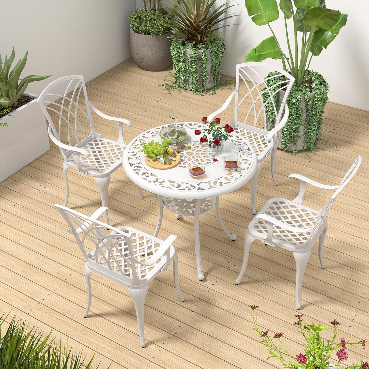 GIANTEX Conjunto de Mesa de Jardín 5 Piezas, Silla de Hierro Fundido de Aluminio, Mesa Bistro para 4 Personas, Agujero de Sombrilla Dia. 5 cm, para Terraza, Balcón