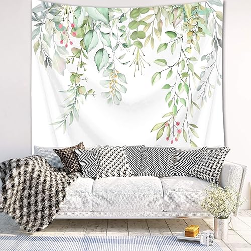 Miniatura 2 de LB Tapiz de hojas verdes, tapiz de hojas de eucalipto, plantas tropicales, acuarela, primavera, botánico, floral, tapiz para colgar en la pared para