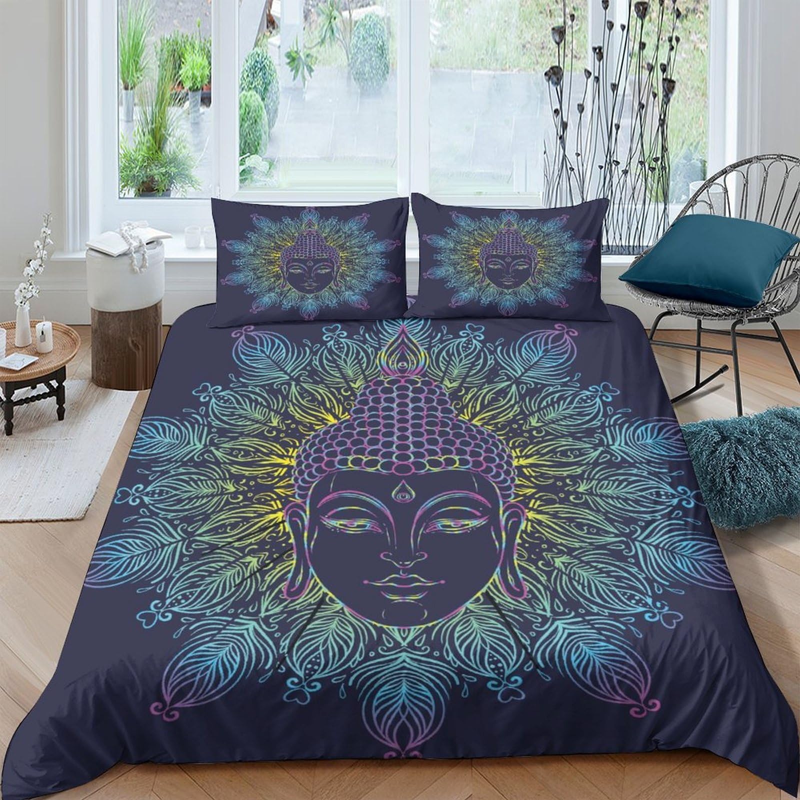 Ctjqhvkz Style-5 3D Printed Buddha Mandala Fitted Sheet Microfiber Dark Blue Sunburst Mattress Cover For Bedroom Dorm Easy Care Decor Single（135X200cm）