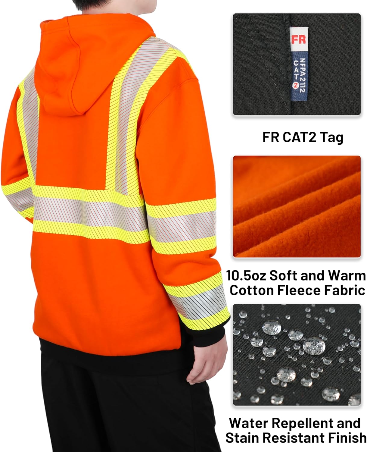BOCOMAL FR Hoodies High Visibility Cotton Fleece Hi-vis Mid-Weight Flame Resistant Reflective Hooded Sweatshirts