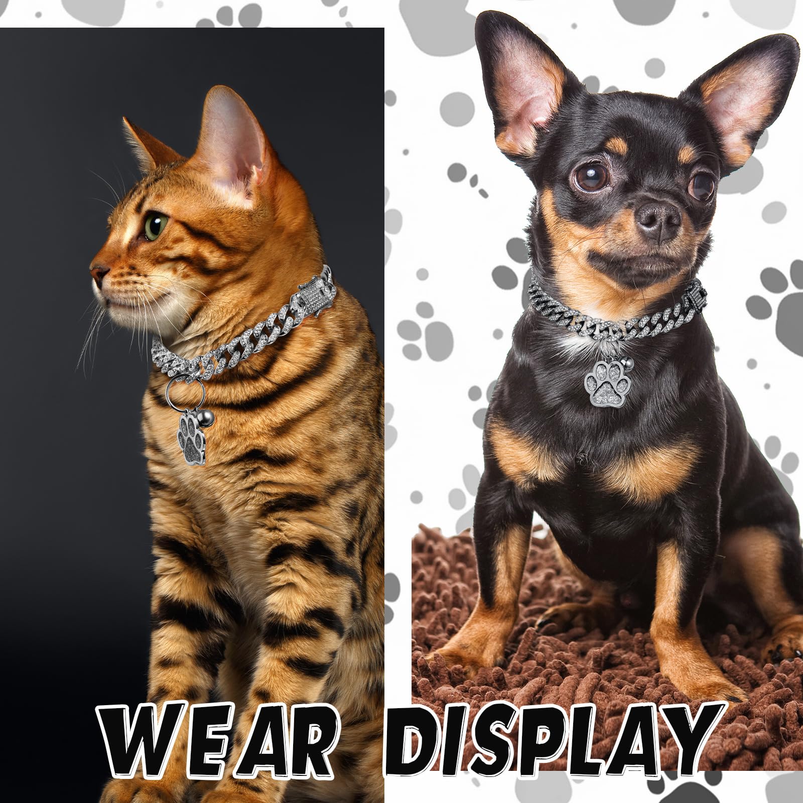 Hillban Katzenhalsband, Diamantkette, Glitzer-Halsband, Metall mit sicherer Schnalle, Katzen-Haustier-Halskette mit Pfoten-Anhänger und ID-Tag, Glöckchenglied, kubanisches Schmuckzubehör (20,3 cm,