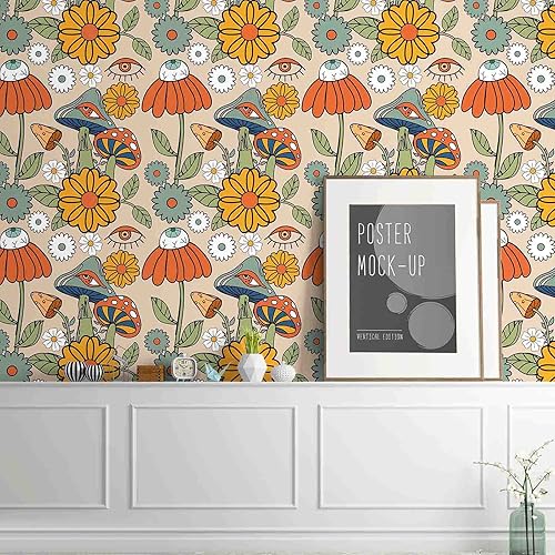 Miniatura 10 de Abyssaly Papel tapiz autoadhesivo de vinilo con diseño de hongos florales, bohemio, papel de contacto extraíble de hongos para baño, papel de pared