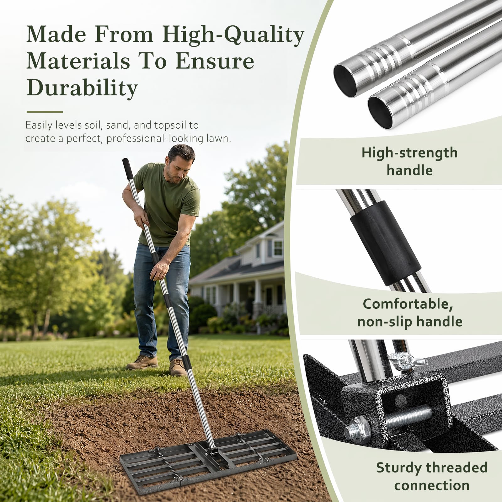Rastrillo Nivelador Tierra Plegable para Cesped, 76x25cm | Mango de Acero Inoxidable Ajustable 87-200cm, Herramientas de Nivelación Jardin para Alisado de Arena, Grava y Suelo