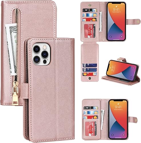 Miniatura 1 de Havaya Funda para iPhone 12 con tarjetero, para iPhone 12 Pro, funda tipo cartera para mujer, funda tipo cartera con cremallera y ranuras para