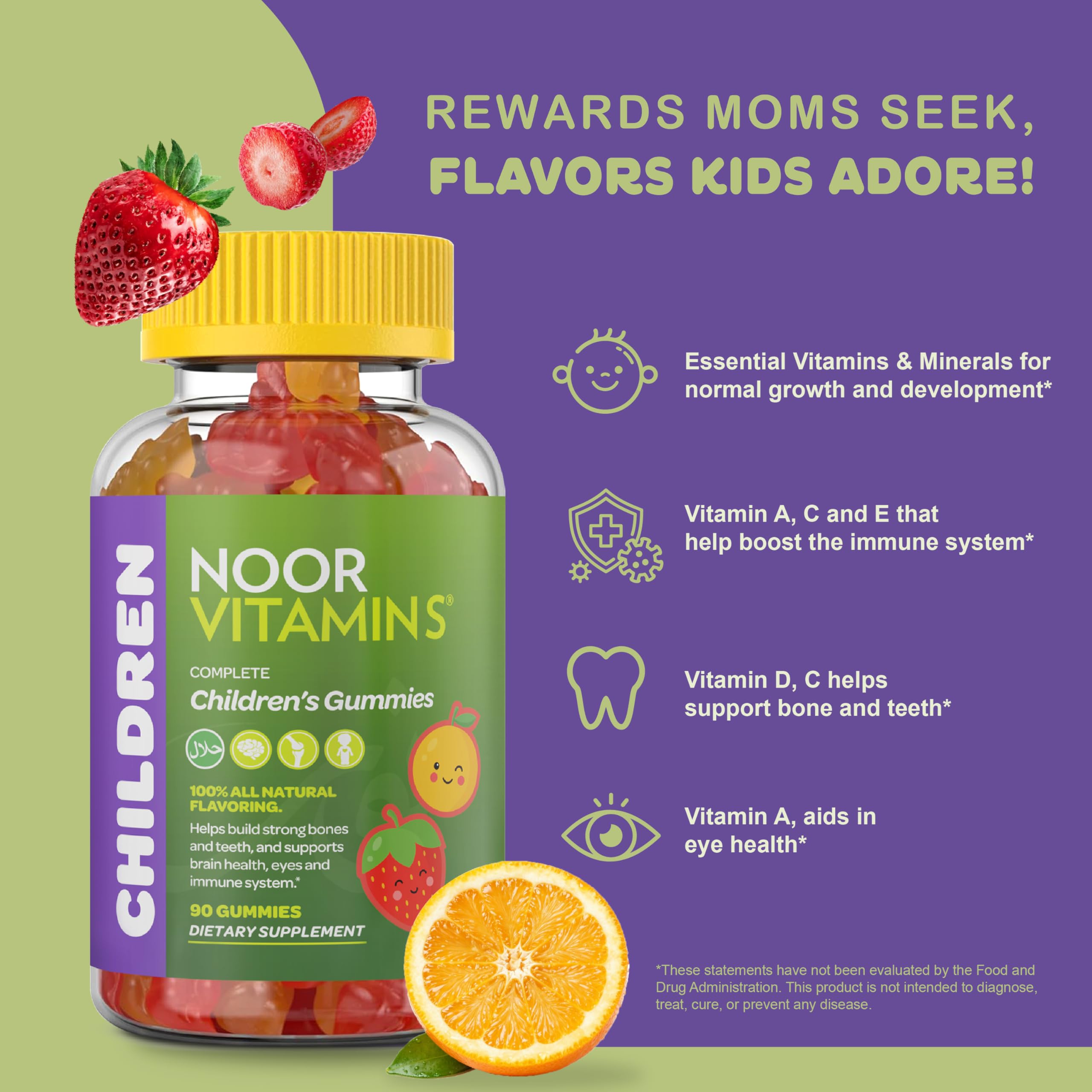Noor Vitamins Halal Vitamins, Kids Vitamins, Kids Multivitamin Gummies: Vitamin C for Kids, D3, and Zinc for Immunity, B6 B12 for Energy. Gluten Free Halal Gummies, 90 Count Gummy Vitamins for Kid — Amazon image 3
