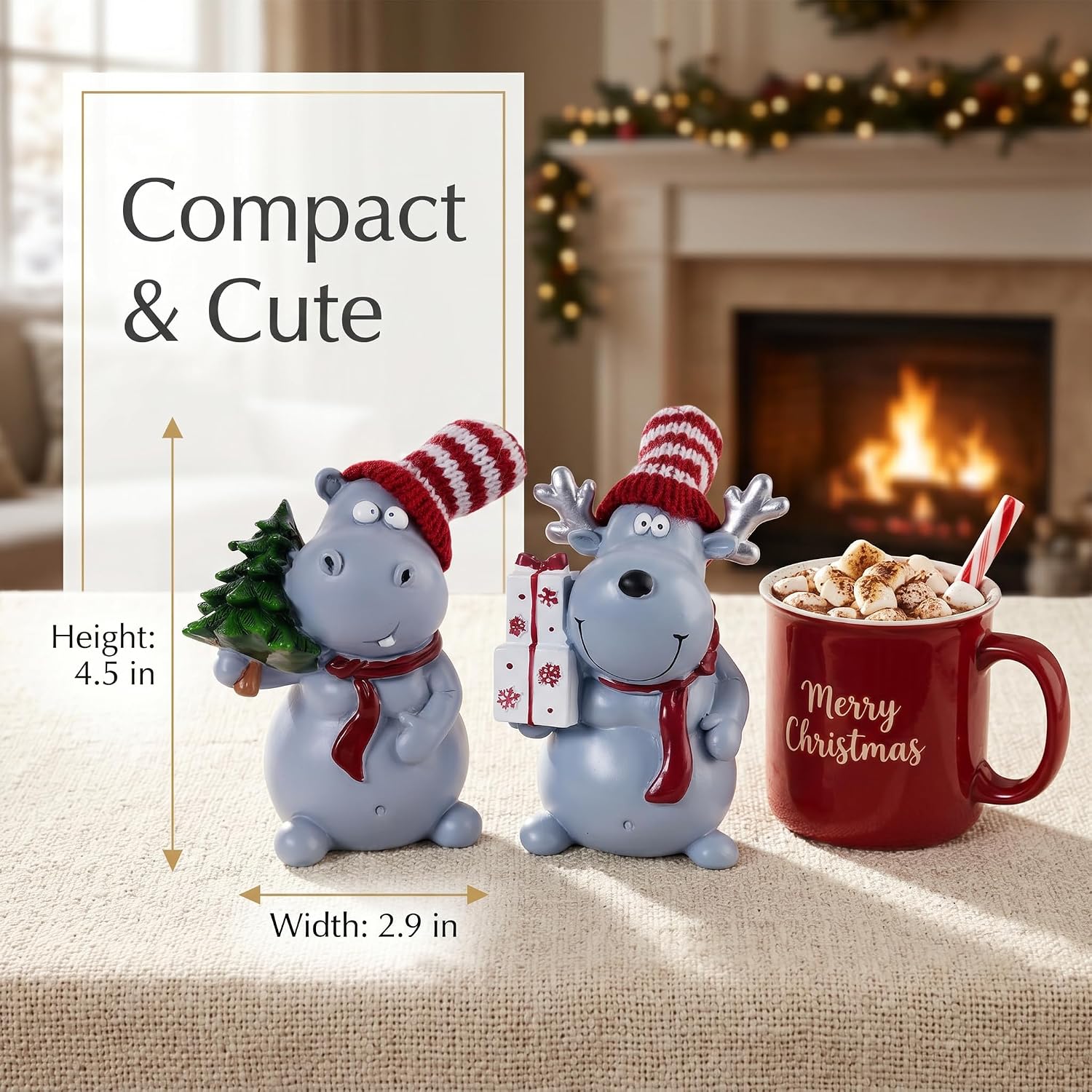 Hippo Figurine Set Christmas Hippo Decor Cute Resin Tabletop Statues with Knit Hats Scarves Pine Tree Gift Boxes Whimsical Holiday Mantel Shelf Home Decoration