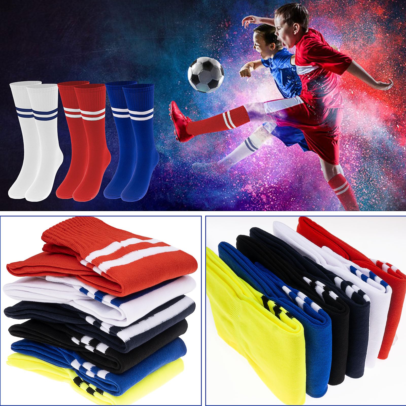 Chaussettes Foot Enfant Lot 18 Paires, Hautes Rayures Garçon Fille, Taille Unique 28-35, 6 Couleurs