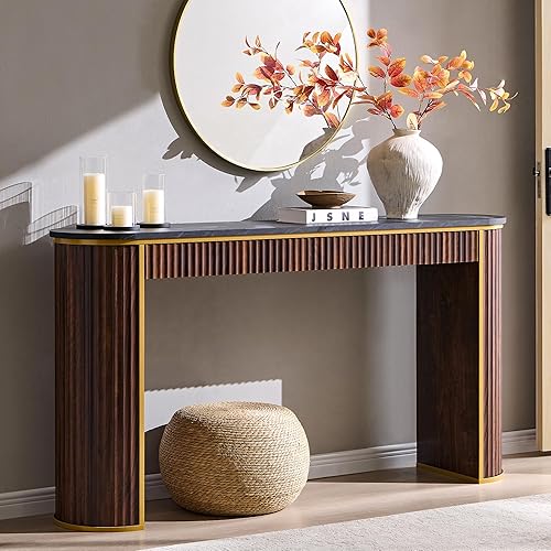 OKD Moderna mesa consola acanalada, 63 pulgadas de largo para entrada estrecha y mesas de sofá para pasillo, mesa decorativa alta detrás del sofá