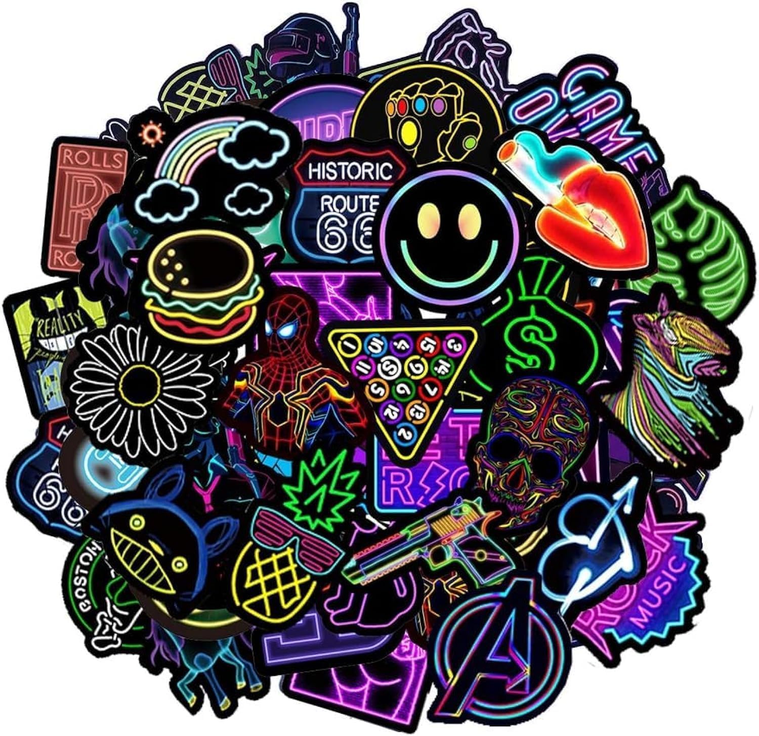 Azonee Neon Stickers Pack, Aznee 50pcs Personalised Vinyl Decals Cool Bumper Graffiti Sticker PVC Waterproof Vintage Pop Art Stickers for Luggage, Motorcycle, Bicycle, Guitar, Laptop Graffiti Patches