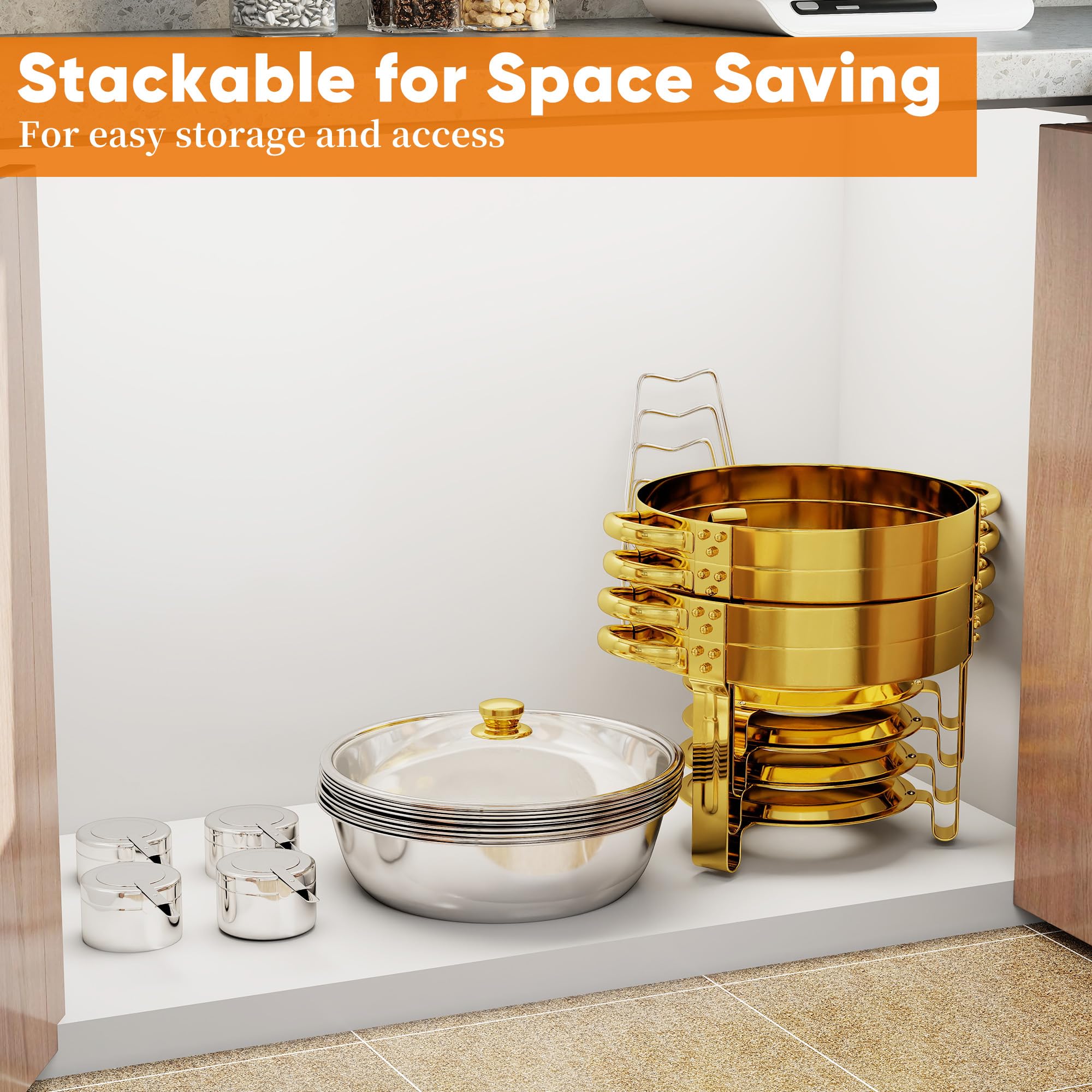 4 Pezzi Oro Rotondo Scaldavivande Buffet Set, 5 QT Buffet Catering Server con Coperchio Trasparente e Utensili, Inox Food Warmer per Feste, Matrimoni, Eventi di Catering All'aperto