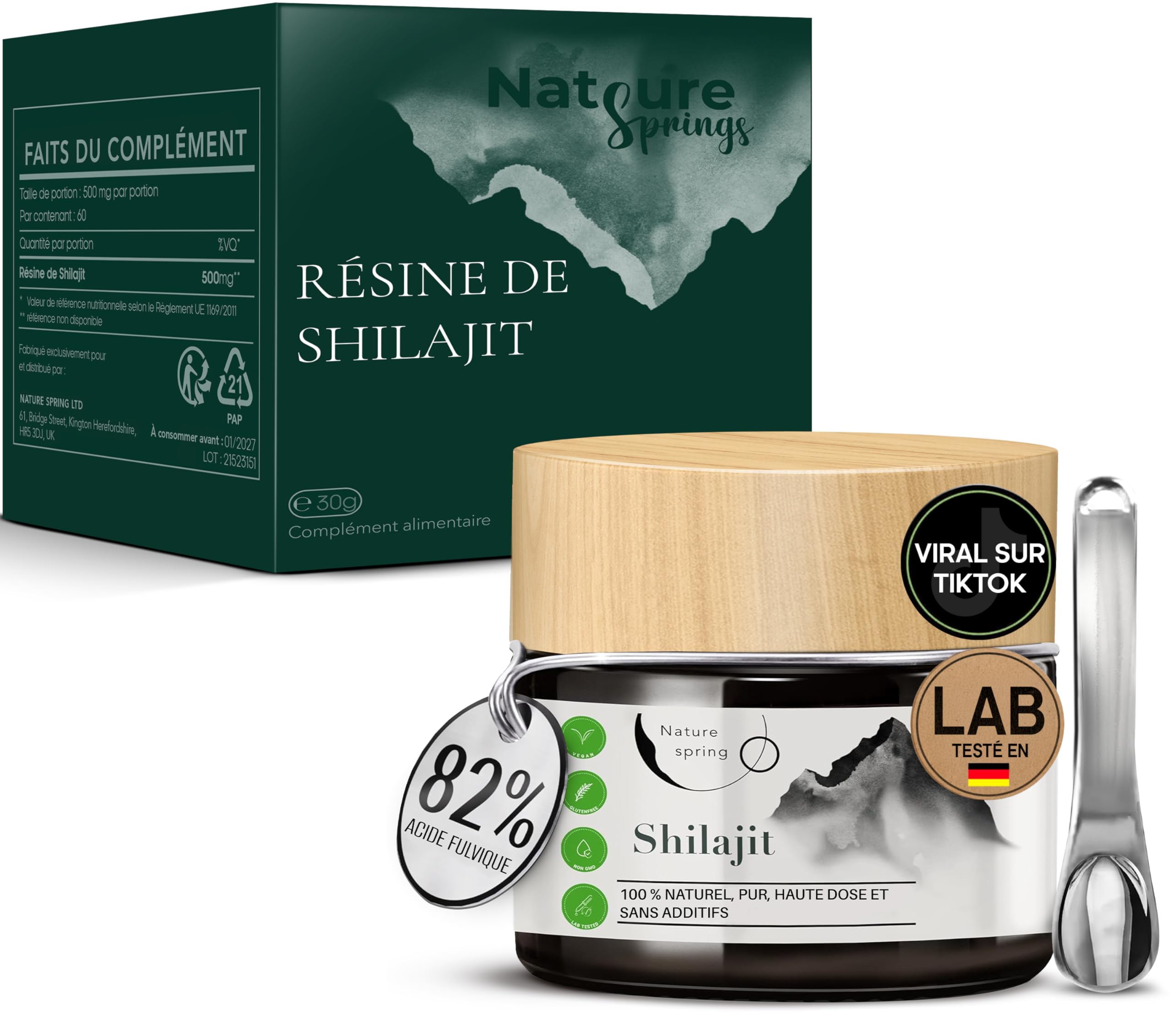Shilajit Résine en Verre | Premium +2 Mois | Source Himalayenne Haute Puissance avec Acide Fulvique | Acide Humique et Oligo-éléments | Nature spring