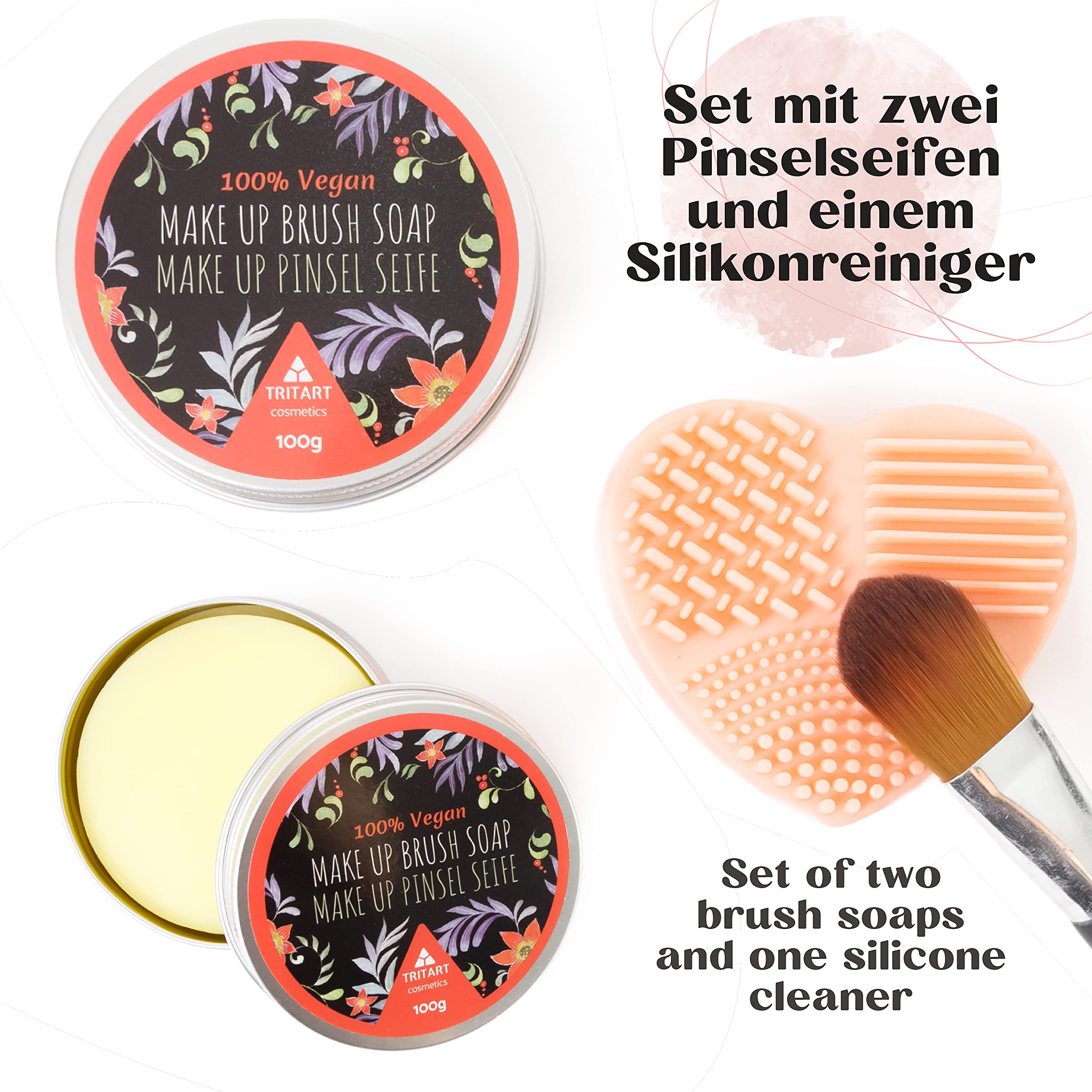 Tritart - Detergente professionale per pennelli vegan, 2 pezzi, pennello per cosmetici e pennelli da trucco, sapone da 100 g + detergente per cuori, prodotto da Tritart