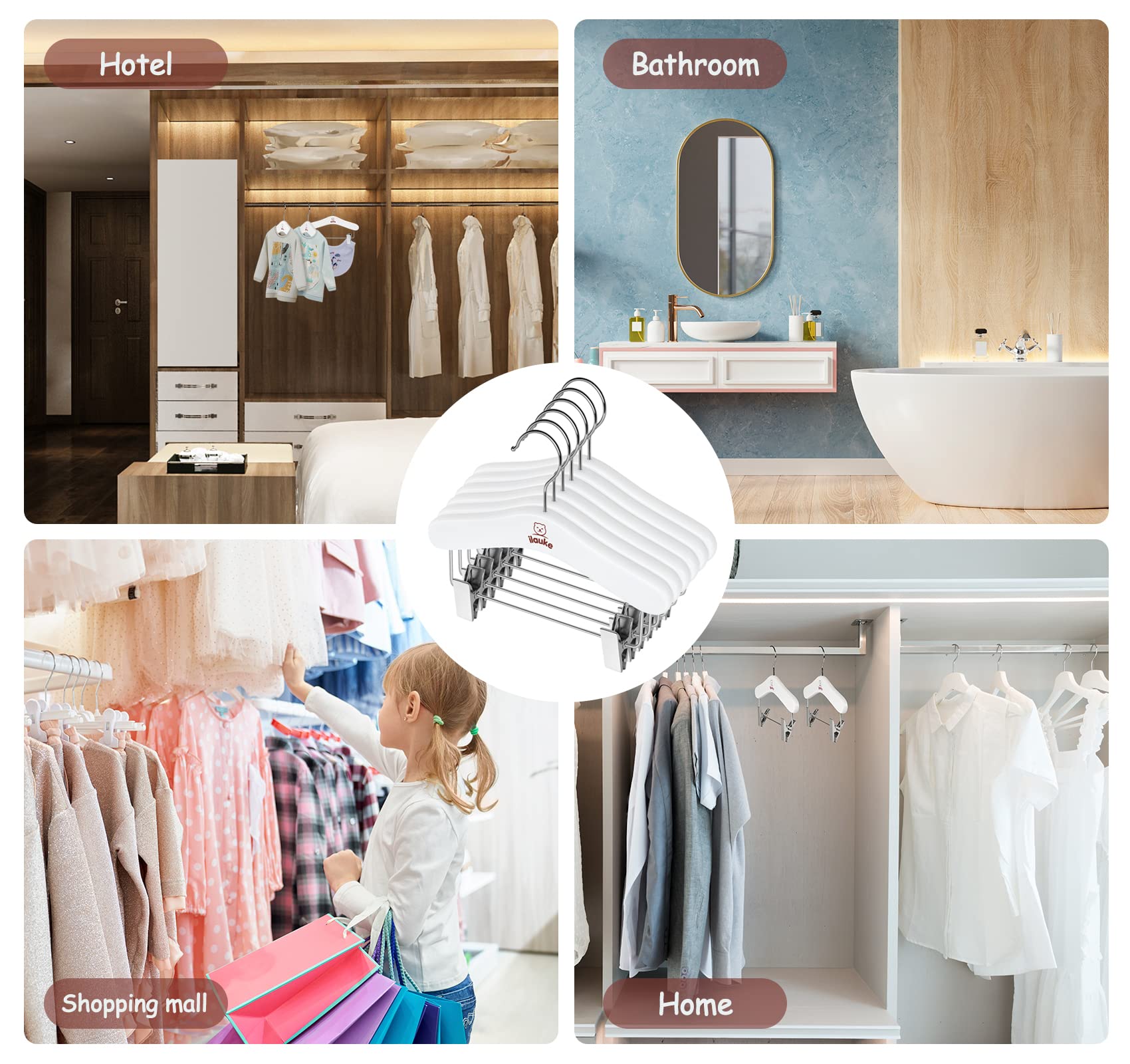 Grucce bianche per bambini, set di 12 grucce in legno scorrevoli, classiche e solide con rotazione a 360°, ideali per vestiti per neonati o bambini, lunghezza 25 cm