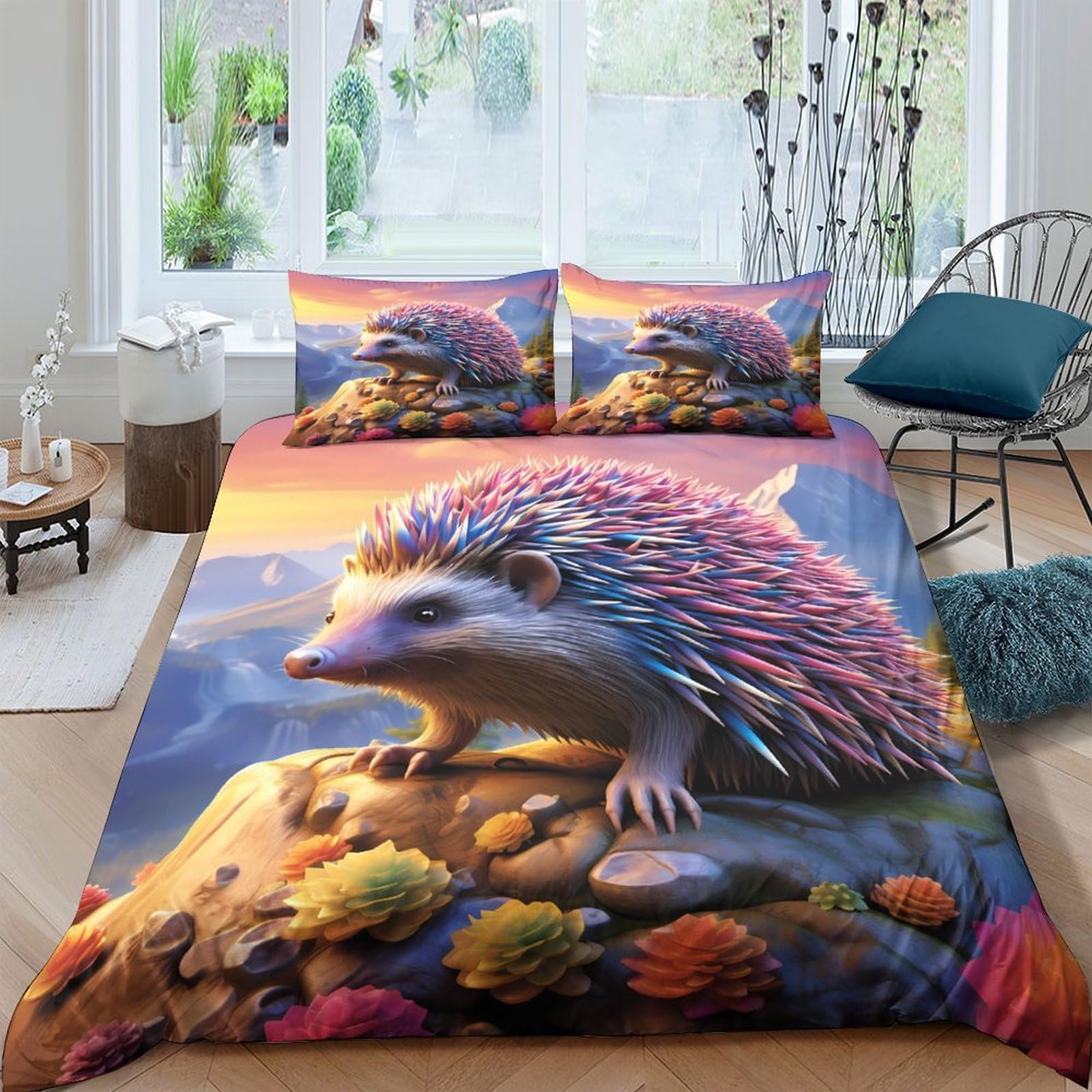 GPLZQXKJNH 3D Printed Hedgehog Nature Duvet Cover Set Microfiber Soft Breathable Forest Animal Bedding with 2 Pillowcases for Bedroom Decoration Single（135x200cm）
