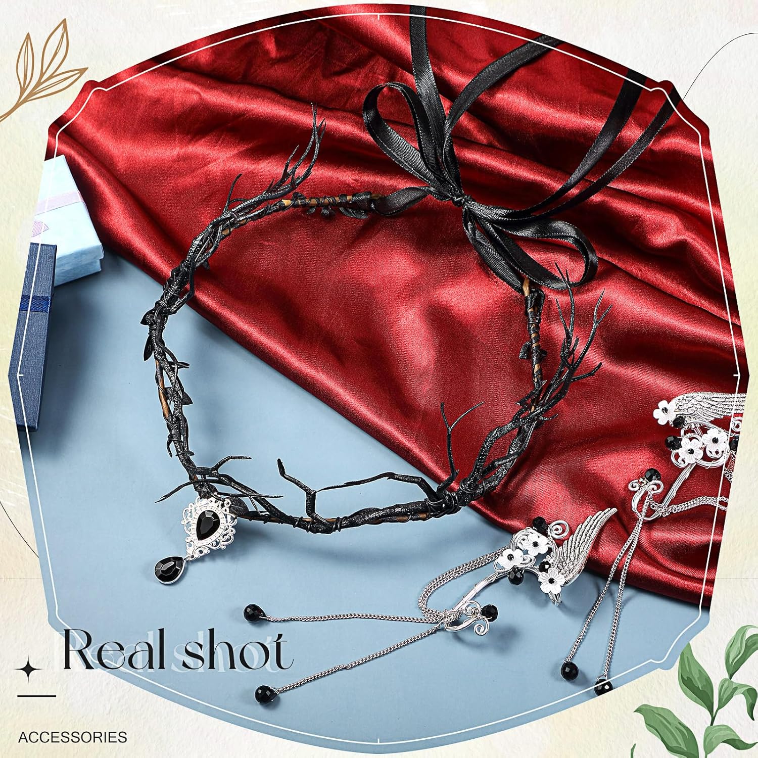 Zeyune Halloween Elves Cosplay Set Fairy Flower Crown Headpiece Elf Ears Cuffs Renaissance Costume Leaf Elves Wings Ear Cuff - Image 5