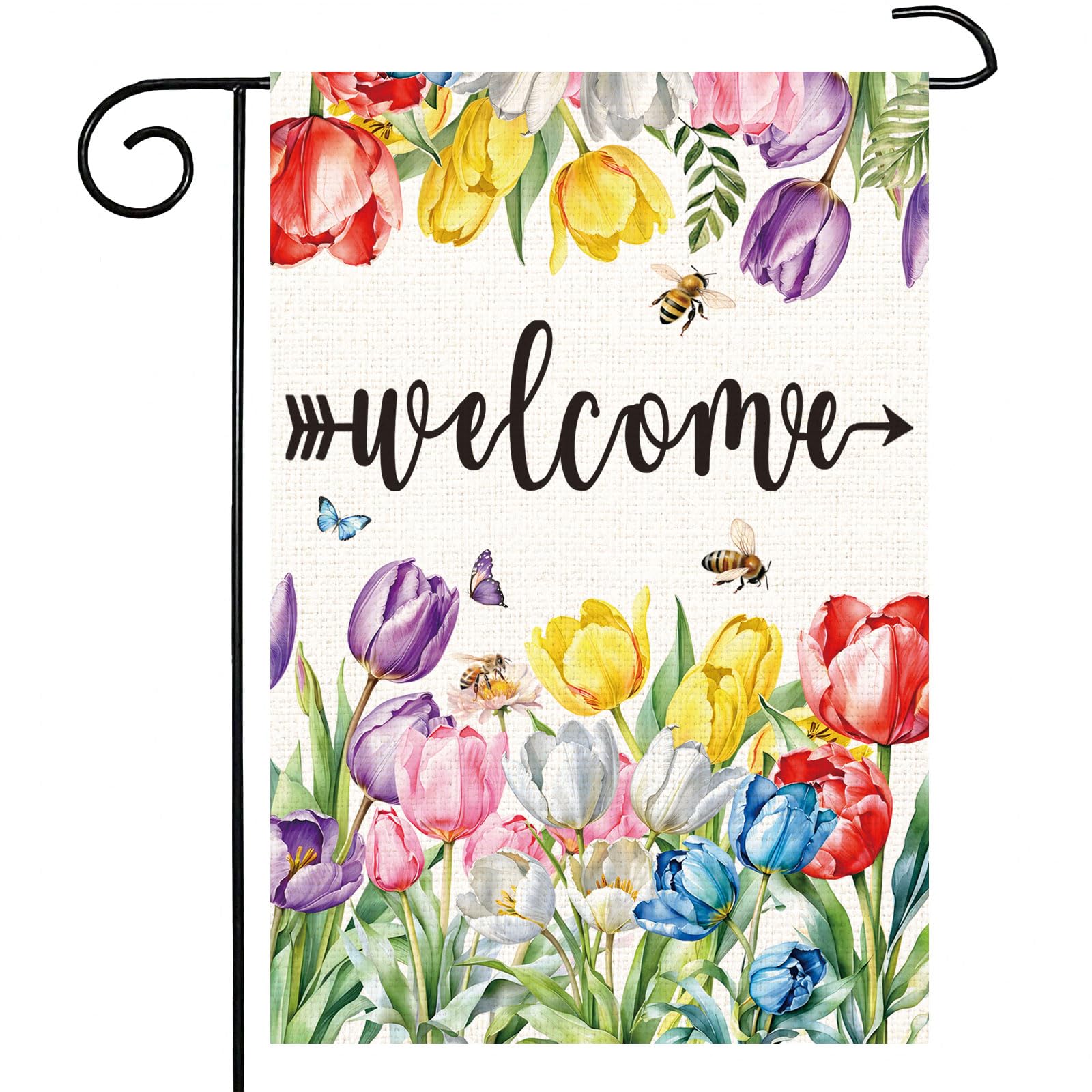 Spring Summer Floral Welcome Garden Flag Easter Tulip Welcome House Flag Double Sided Bee butterfly Farmhouse Yard Outdoor Flag Seasonal Welcome Yard Outdoor Flag Outdoor Decoration 12 x 18 Inch-image-16