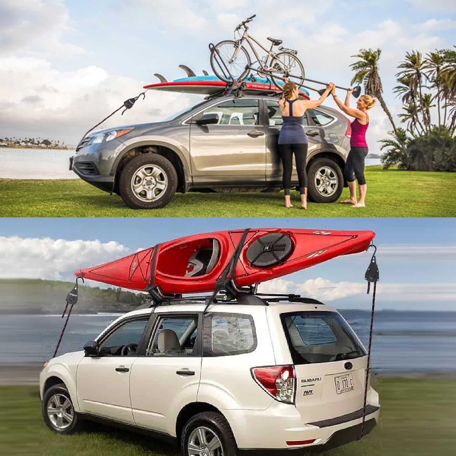 Ayaport Kayak Rope Tie Down Ratchet Straps Bow and Stern Ratcheting Tie Downs Rope Hanger Kayak and Canoe Accessories