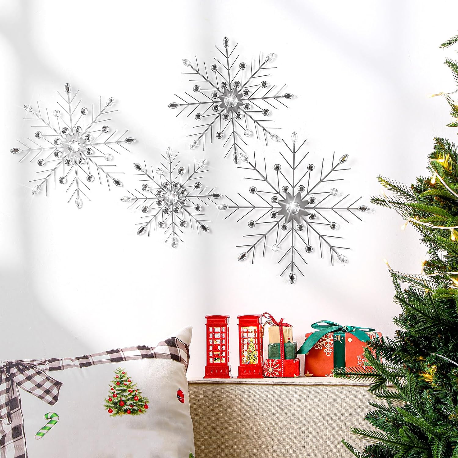 Hicarer 4 Pcs 12" 10" 8" Snowflake Metal Wall Art Rhinestones 3D Decor Christmas Silver Hanging Metal Artwork Wall Decor Glitter Crafts Snowflake Decorations for Living Room (Transparent White)