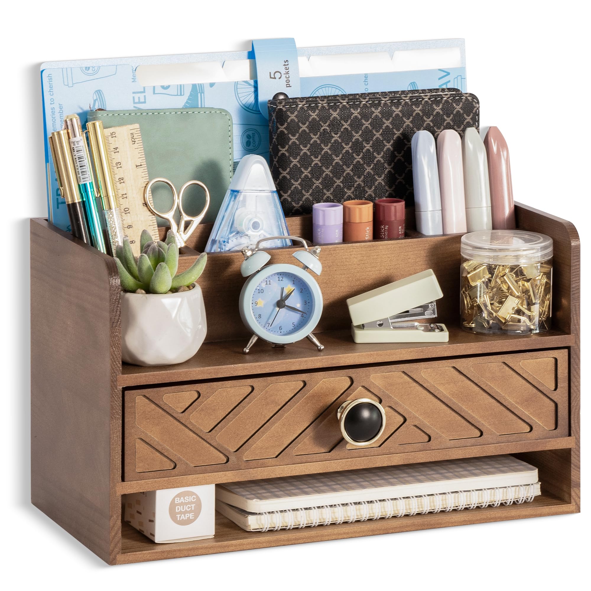 dreampossible Brown Wood Desk Organizer and Accessories with Drawer, Bill Mail Organizer and File Mail Holder for Office Supplies, Desk Accessories &