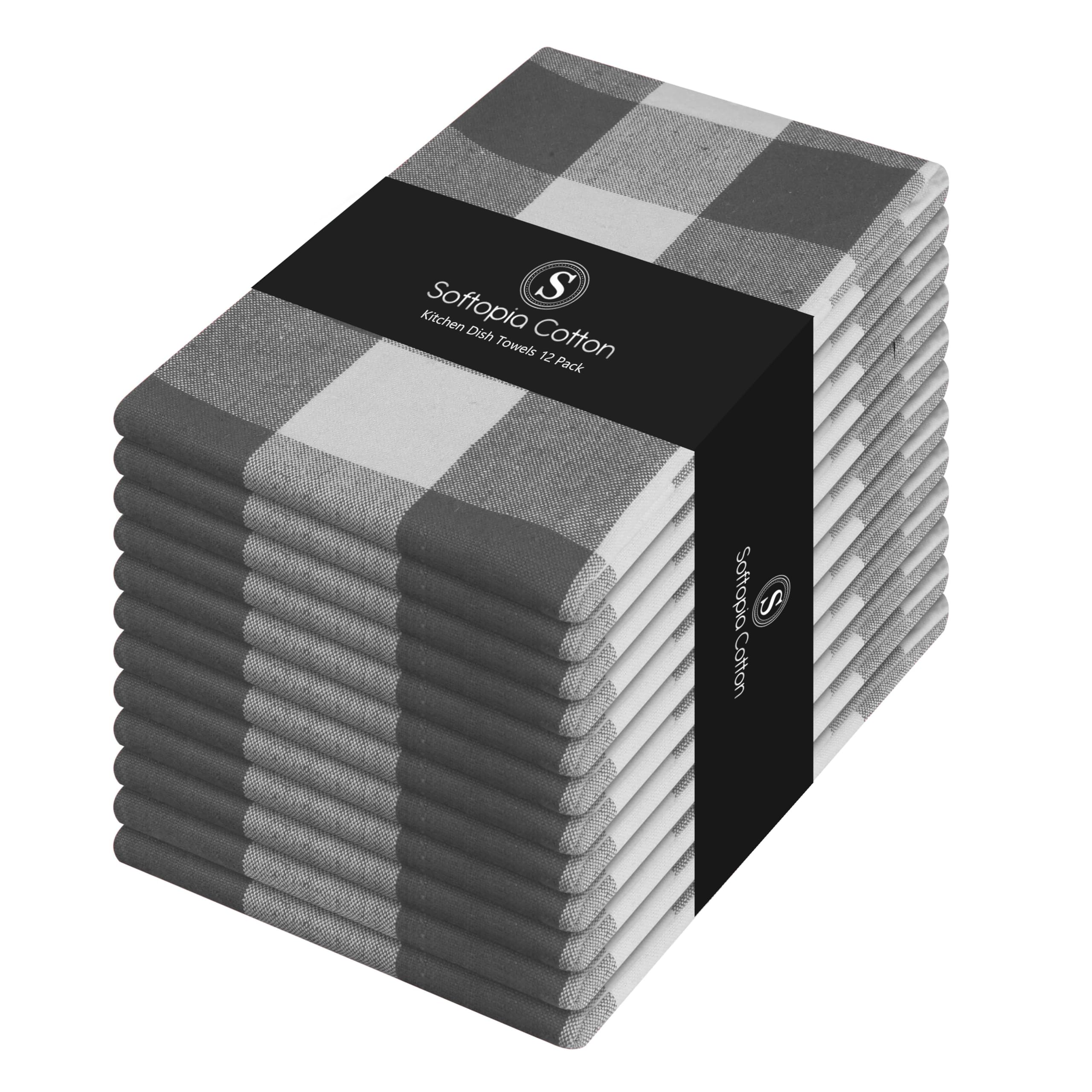Gray Buffalo Plaid Checked Dish Towels 12 Pack, 100% Cotton, 16x26 Inches, Super Absorbent, Quick Drying, Soft, Lint-Free, Durable Tea &amp; Bar Towels with Hanging Loop, Grey and White