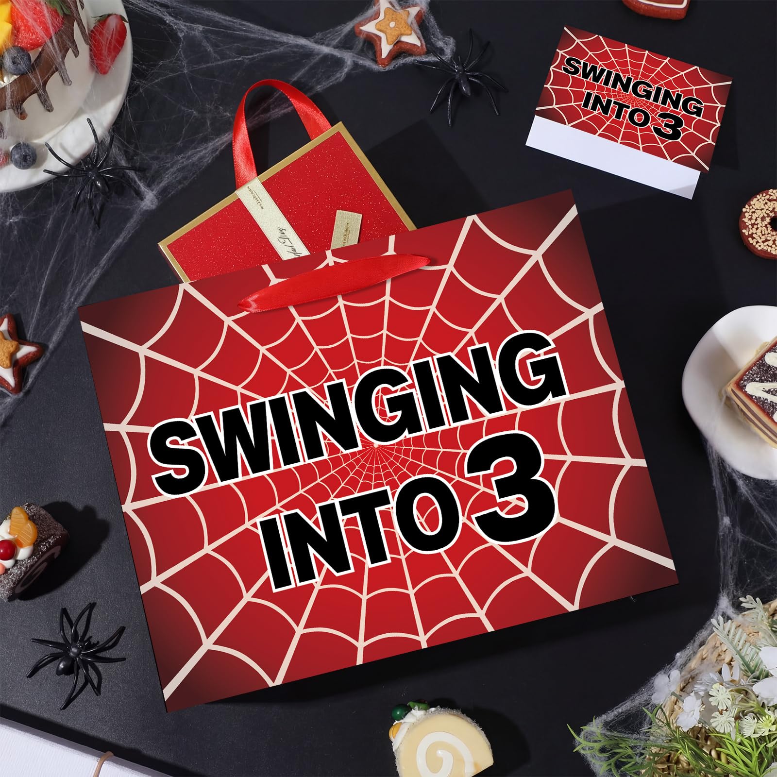 MOORIIY Spider 3rd Birthday Gift Bag with Card and Wrapping Paper, Spider 3rd Birthday Wrapping Paper Bag for Boys Red Black 3 Years Old Spider Web Bdy Decorations Supplies 11.8 x 9.4 x 5.3 inches