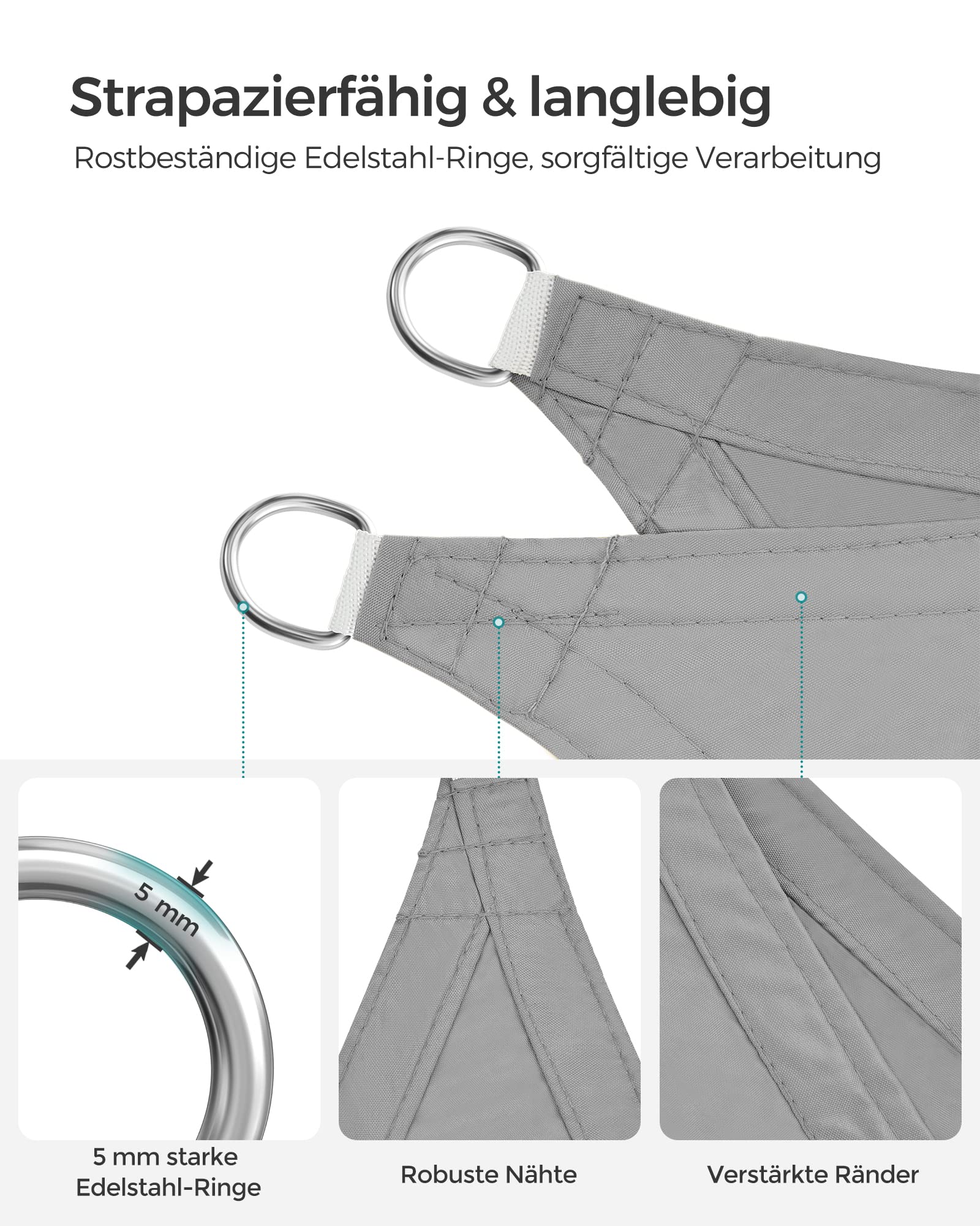 SONGMICS Sonnensegel 2 x 3 m, wasserfest mit Einer Wassersäule von 665 mm, Sonnenschutz aus reißfestem Polyester, UV-Schutz 93%, Terrasse, Garten, Balkon, rechteckig, 2 m Seile, hellgrau GSH23QY