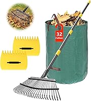 PoPoHoser 25-Tine Heavy Duty Metal Leaf Rake Set with Scoops & Bag - Adjustable 5FT Handle for Lawn Cleanup