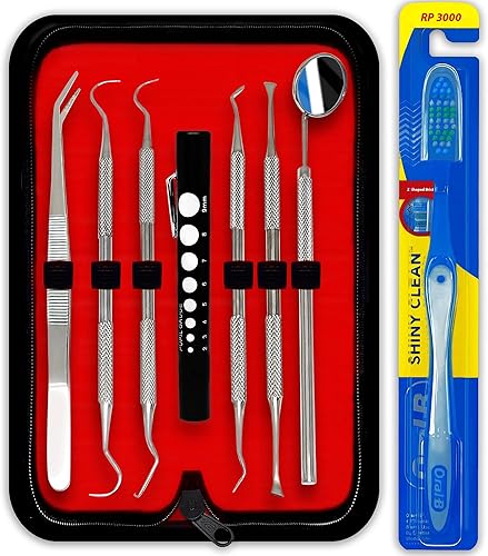 Kit profesional de higiene dental - Removedor de sarro de acero inoxidable, raspador de dientes, raspador de púas, lápiz, cepillo de dientes y
