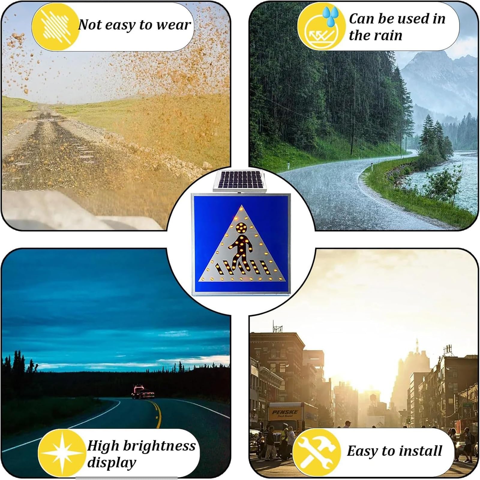 Señal LED intermitente de paso de peatones con energía solar, advertencia de peatones de alto brillo, impermeable y fácil instalación para seguridad vial
