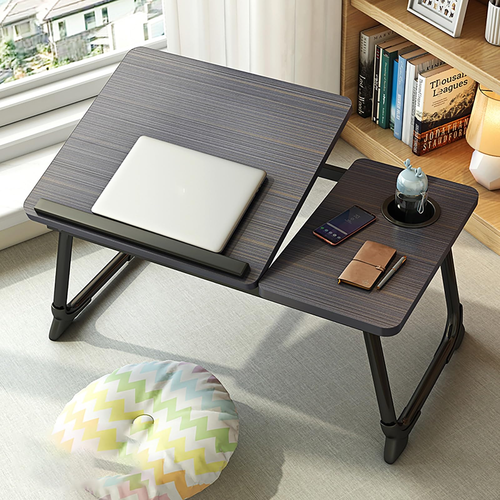 Mesa de centro plegable estable con base antideslizante y madera maciza negra multifunción